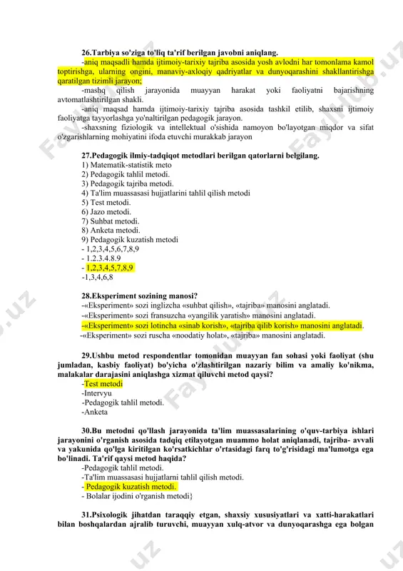 g�ich ta�lim ta�lim oluvchilarda dastlabki fundamental bilimlar beriladi. 23. o�zbekiston respublikasining �ta�lim to�g�risidagi qonunn�ning nechanchi bobi ta�lim tashkilotlari pedagog xodimlarining huquqiy maqomi ga bag�ishlangan? - 8-bob - 5-bob - 7-bob - 10-bob 24.shaxsni intellektual jihatdan rivojlantirish, ta'lim jarayonining mohiyati, bosqichlari, tamoyillari, qonuniyatlari, o'qituvchi va o'qituvchi faoliyati birligi, o'qitishning mazmuni, shakl, metod va vositalari, ta'lim jarayonini takomillashtirish yo'llari kabi muammolarni tadqiq etuvchi pedagogikaning muhim tarkibiy qismini aniqlang. - didaktika (ta'lim nazariyasi) - tarbiya nazariyasi - pedagogik tajriba - umumiy ta'lim 25.kategoriya nima? -fanni to'laroq ochib berishga ko'mak beruvchi qo'shimcha tushunchalar -fanning bo'limlari -fanning mohiyatini ifoda etuvchi eng muhim, asosiy tushunchalar -tarkibiy qism 26.tarbiya so'ziga to'liq ta'rif berilgan javobni aniqlang. -aniq maqsadli hamda ijtimoiy-tarixiy tajriba asosida yosh avlodni har tomonlama kamol toptirishga, ularning ongini, ma�naviy-axloqiy qadriyatlar va dunyoqarashini shakllantirishga qaratilgan tizimli jarayon; -mashq qilish jarayonida muayyan harakat yoki faoliyatni bajarishning avtomatlashtirilgan shakli. -aniq maqsad hamda ijtimoiy-tarixiy tajriba asosida tashkil etilib, shaxsni ijtimoiy …
