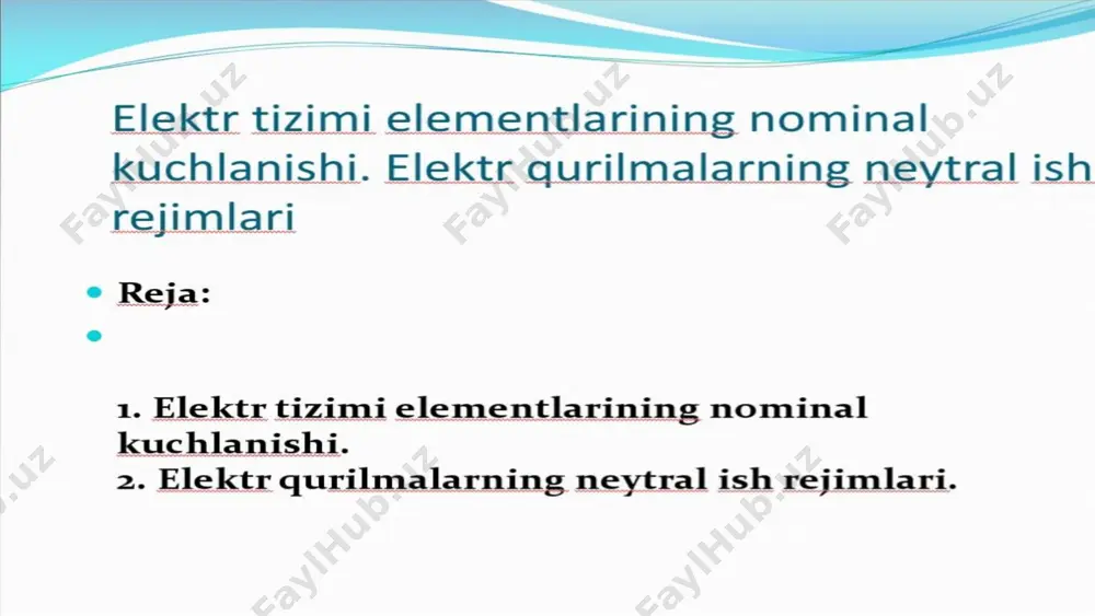 ga chidamlilik: neytral rejimlar bir fazaviy yerga qochish holatlarida tizimning uzilishsiz ishlashini kafolatlaydi. energiya samaradorligi: neytral ish rejimlarida energiya isrofi va yo'qotishlar kamayadi, bu tizimning samaradorligini oshiradi. 7 neytral ish rejimlarining ustunliklari xavfsizlik: neytral ish rejimlari tizimni yerga qochish oqimlaridan himoya qiladi, bu esa xavfsizlikni oshiradi. barqarorlik: neytral ish rejimlari kuchlanish o'zgarishlarini cheklaydi va elektr tizimining barqaror ishlashini ta'minlaydi. uzilishga chidamlilik: neytral ish rejimlari atrofda sodir bo'lishi mumkin bo'lgan bir fazaviy yerga qochishlar holatlarida tizimning uzluksiz ishlashini kafolatlaydi. energiya samaradorligi: neytral ish rejimlarida energiya isrofi va yo'qotishlar kamayadi, bu esa tizimning samaradorligini oshiradi. 9 neytral ish rejimlarining kamchiliklari neytral ish rejimlarida kuchlanish ko'tarilishi yoki pasayib ketishi sodir bo'lishi mumkin. ayrim holatlarda neytral bo'yicha yerga qochish oqimlarining katta bo'lishi mumkin, bu esa xavfsizlik uchun tahdid tug'dirishi mumkin. neytral rejimining loyihasi ancha murakkab bo'lib, asbob-uskunalarning qimmatroq bo'lishiga olib kelishi mumkin. neytral ish rejimlarini o'rnatish va ularni to'g'ri sozlash qiyin bo'lishi mumkin, bu …