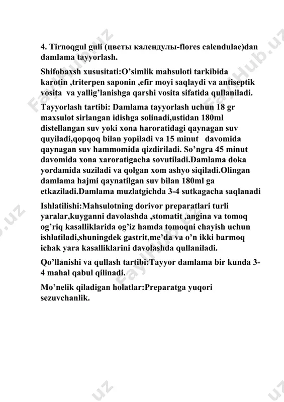 shifobaxsh xususiyati:o’simlik maxsuloti tarkibida vitamin k ,vitamin c,achchiq moddalar ,sapaninlar bor. o’t haydovchi,siydik haydovchi ,qon tuxtatuvchi vosita sifatida qullaniladi. tayyorlash tartibi: damlama tayyorlash uchun 18 gr maxsulot sirlangan idishga solinadi,ustidan 180ml distellangan suv yoki xona haroratidagi qaynagan suv quyiladi,qopqoq bilan yopiladi va 15 minut davomida qaynagan suv hammomida qizdiriladi. so’ngra 45 minut davomida xona xaroratigacha sovutiladi.damlama doka yordamida suziladi va qolgan xom ashyo siqiladi.olingan damlama hajmi qaynatilgan suv bilan 180ml ga etkaziladi.damlama muzlatgichda 3-4 sutkagacha saqlanadi ishlatilishi:makkajo’xori o’simligi maxsuloti o’t haydovchi (xolesistit,xolangit,gepatit) hamda siydik haydovchi ,buyrak tosh kasalliklarida va qon tuxtatuvchi dori sifatida qullaniladi. qo’llanishi va qo’llash tartibi:tayyor damlama kuniga 3-4 mahal bir osh qoshiqdan qabul qilinadi. mo’nelik qiladigan xolatlar:preparatga yuqori sezuvchanlik va shaxsiy o’zlashtira olmaslik holatlarida qo’llanilmaydi. 7. jag’-jag’ yer ustki qismi (трава пастушье сумки-herba bursae pastoris)dan damlama tayyorlash. shifobaxsh xususiyati:o’simlik maxsuloti tarkibida askorbin kislota,vitamin k,saponinlar ,flavanoidlar mavjud.qon tuxtatuvchi vosita sifatida qullaniladi. tayyorlash tartibi: damlama tayyorlash uchun 18 gr …
