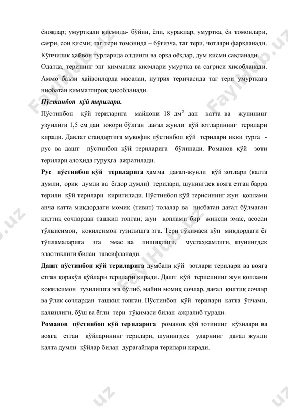 иладиган коллаген толаларининг йўғон боғламлари билан биргаликда асосан горизонтал ҳалқали тўқилиш ҳосил қиладиган бўшроқ ва ингичкароқ боғламлар мавжуд. пўстинбоп қўй териларининг сифати кўпроқ тери тўқимасининг қалинлигига боғлиқ бўлиб, ўз навбатида бу қўйларнинг зоти, сўйиш вақти, ёши ва жинсига боғлиқ. қалинроқ тери тўқимаси кўпроқ дашт қўй териларига хос, баъзиларда у 3мм ни ташкил этади, романов қўй зотининг тери тўқимаси юпқа ва пишиқ. одатда қўчқорларнинг териси совлиқларга нисбатан йирикроқ, оғирроқ ва дағалроқ бўлади. жун қопламининг тавсифи. қўйларнинг жун қоплами бир жинсли эмас: унинг таркибига қилтиқ, момиқ, оралиқ, баъзан эса ўлик сочлар киради. қўйларда ушбу сочларнинг фоиздаги нисбати ҳар хил, аммо қилтиқ сочлар яримдағал жунли қўй зотларига қараганда кўпроқ. жун толалари ҳар хил узунликка эга бўлиб, гуруҳ бўлиб жойлашган. жун қанчалик дағал бўлса, шунча унда кокиллар аниқ ифодаланади, шунча тўлқинсимон ва майинроқ бўлади. романов қўй териларида кокил узун, момиқ ва оралиқ сочлар билан тугалланадиган жингалакни намоён этади. уларнинг қилтиқ сочлари калта бўлиб, бу …
