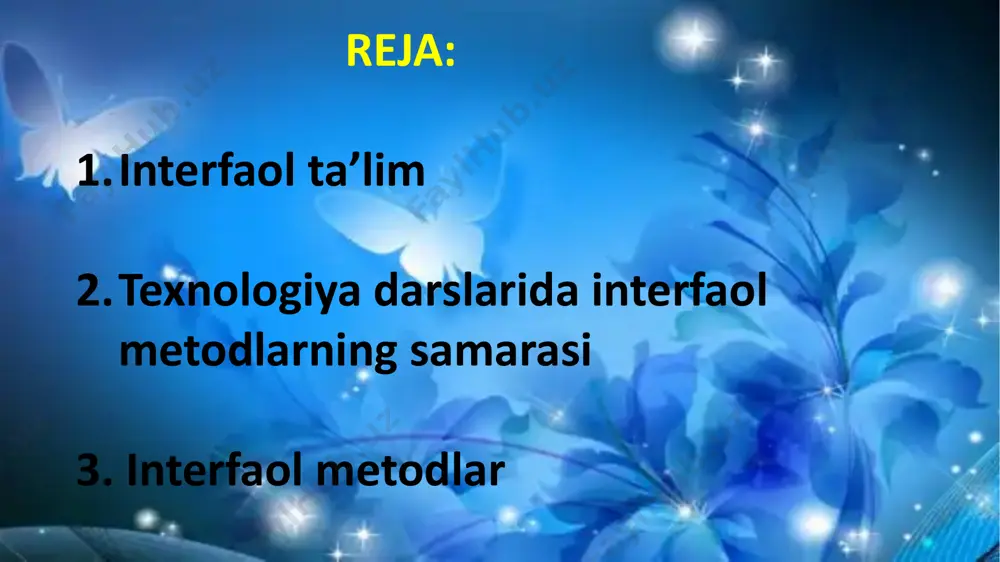 h uchun qandaydir biror asosiy omil atrofida g’oyalarni yig’ish. “klaster” metodi yordamida o’zlashtirilgan bilimlarni mustahkamlash quyidagicha amalga oshiriladi: ͼͽͼͽta’lim oluvchilar guruhlarga bo’linadilar va ularga belgilangan vaqt ichida mavzu bo’yicha qanday tushunchalarni o’zlashtirgan bo’lsalar, ularni qog’ozga yozish vazifasi topshiriladi. ͼͽͼͽvazifani bajarish jarayonida fikrlarning to’g’ri yoki noto’g’riligiga ahamiyat bermaslik, nimani o’ylagan bo’lsa, shuni yozib berish talab etiladi. ͼ∞ͽyozuvning texnik (orfografik, mantiqiy va h.k.) jihatlariga e’tibor berilmaydi. fikrlar tugagandan keyin guruh a’zolari tushunchalarni mantiqiy jihatdan bir-birlariga bog’lab chiqadilar. venn diagrammasi - 2 va 3 jihatlarni hamda umumiy tomonlarini solishtirish, taqqoslash yoki qarama-qarshi qo’yish uchun faoliyatni tashkil etish jarayonida qo‟llaniladi. diagrammani tuzish uch bosqichni o’z ichiga oladi. 1-bosqich: talabalar ushbu diagrammani tuzish qoidalari bilan tanishtiriladi. 2-bosqich: yakka, juftlikda yoki guruh ichida diagramma asosida taqqoslash faoliyati tashkil etiladi. 3-bosqich: faoliyat natijalari tahlil qilinadi va baholanadi. “aqliy hujum” metodi – o’qituvchi o’quvchi egallashi kerak bo’lgan mavzuni oddiydan – murakkabga tomon bosqichma bosqich loyihalab beradi. “tarmoqlar” metodi …