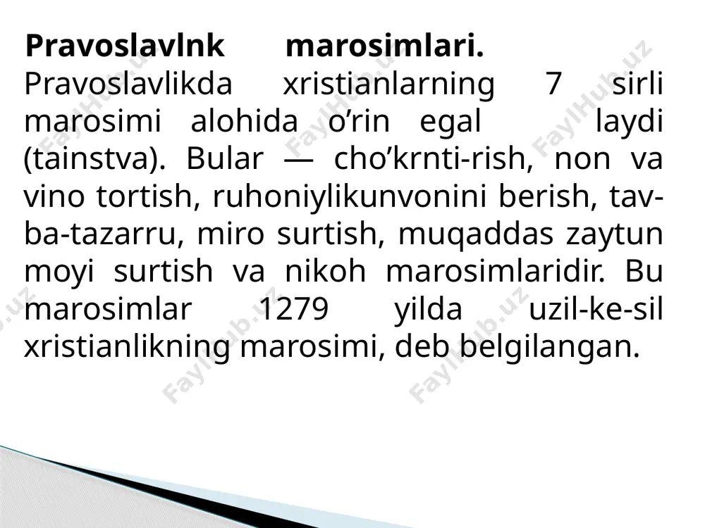 vul qilar ekanlar, bu bilan ular iususning tanasi va qonini tatib ko’rdik, binobarin, endi xudoga yaqinroq va qondoshroq bo’ldik, deb hisoblaydilar. bu marosim ertalabki yoki tupji ibodatda asosiy o’rin egallaydi. ruhoniylik unvonini berish marosimi (svyashenstvo) — bu, ruhoniylik martabasiga ko’tarilish bilan bog’liq maro-simdir. diniy ta’limotga ko’ra, ruhoniy bo’ladigan shaxs-ning boshiga yepiskop qo’l tekkizgandan keyin, go’yo u "mu-qaddas ruh"ning alohida marhamati bilan xudo va odamlar o’rtasida vositachilik xususiyatiga ega bo’ladi. ruhoniy un-voni uch daraja (dьyakon, presviter va yepiskop)ga ega. tavba-tazarru qilish marosimi — xristianliqda pushay-mon bo’lish marosimidir. tavba qiluvchi shaxs maxsus jihrz-langan cherkov ibodatxonalariga boradi. u tavba qiladi, ya’ni ruhoniyga o’zining hamma gunoxlarini oqizmay-tomizmay so’zlab beradi. buzuq niyatlari va shubhalarini aytadi. ru-honiy dindorga nasihat qilib, uni to’g’ri yo’lga soladi va muqaddas ruhning kuchi bilan uni gunohlardan pok qiladi. miro surtish marosimi (miropomazanie) — cho’qintirish marosimi bilan bevosita bog’likdir. cherkovlarda chaqaloq-lar cho’qintirilgandan keyin, ularga xushbo’y yog’ (miro) surtiladi. shunday qilinganda, inson ilohiy …