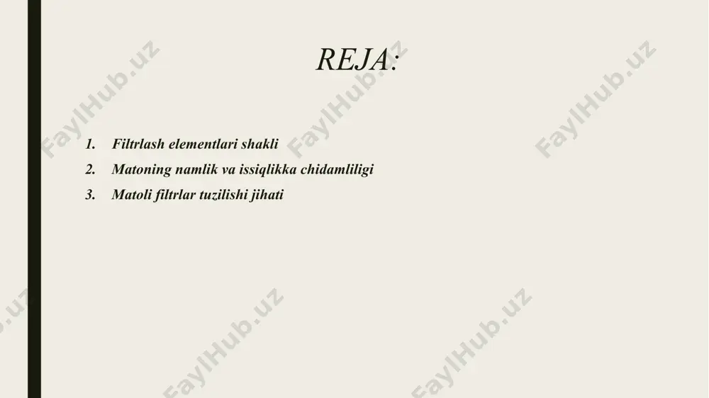 qoladigan zarracha o‘lchami. oqim tezligi – filtrlash jarayonida muhitning filtrdan o‘tish tezligi. bosim yo‘qotishi (pa yoki kpa) – filtrning qarshilik ko‘rsatish darajasi. matoning namlik va issiqlikka chidamliligi – ishlash sharoitiga mos bo‘lishi zarur. tozalash qulayligi – filtrni qayta ishlatish imkoniyati. xizmat muddati – matoning eskirish va ifloslanishga qarshi turish darajasi. matoli filtrlar — gaz yoki suyuqlik oqimidagi qattiq zarrachalarni tolali materiallardan tayyorlangan filtr matosi orqali ajratib olish uchun mo‘ljallangan qurilmalar. ular mexanik tozalash usuli bo‘lib, yuzaki filtrlash va chuqur filtrlash prinsiplariga asoslanadi. yuzaki filtrlash – zarrachalar mato yuzasida to‘planadi. chuqur filtrlash – zarrachalar mato tolalari orasida ushlanib qoladi. matoli filtrlar turli sanoat tarmoqlarida qo‘llaniladi: sanoat chang tutish tizimlari (sement, metallurgiya, kimyo) suyuqliklarni filtrlash (neft, yog‘-moy, ichimlik suvlari) oziq-ovqat sanoati (un, qand, sut mahsulotlari) farmatsevtika (dori eritmalari filtrlash) tuzilishi matoli filtrlar tuzilishi jihatidan bir nechta elementlardan iborat bo‘ladi: 2.1. filtr korpusi metall, plastmassa yoki alyuminiydan tayyorlanadi. ichida filtr elementlari joylashgan. korpus …