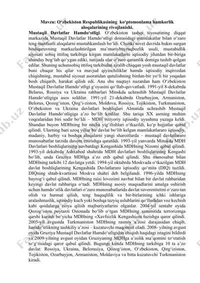 o‘zbekiston respublikasining ko‘ptomonlama hamkorlik aloqalarining rivojlanishi. — DOCX