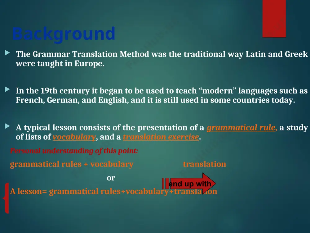 age, and it is this focus on the sentence that is a distinctive feature of this method. grammar rules target language translation grammar-translation method translation of a literary passage: the translation may be written or spoken or both. the class focuses on vocabulary and grammatical structures. students should not translate idioms and like the literary, but rather their understanding of the meaning is important. grammar-translation method reading comprehension questions: there are three kinds of group of questions: first group of questions, students ask for information contained within the reading passage. second group of questions, students will have to make inferences from the passage. third group of questions, students are required to relate the passage to their own experience. grammar-translation method anonyms/synonyms: students might be asked to find anonyms or synonyms in the passage. students might be asked to define a set of words based on their understanding in the passage. …
