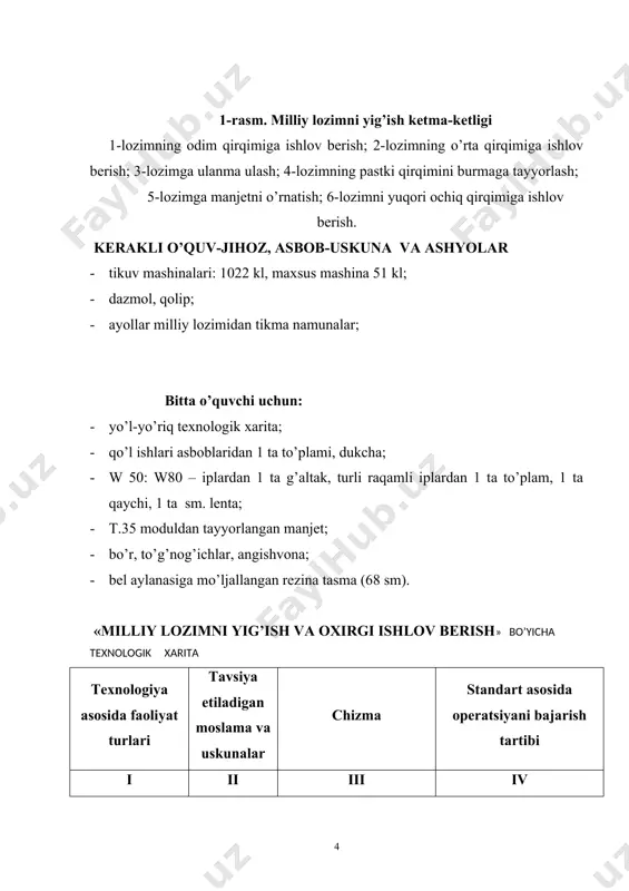 exnologiya asosida faoliyat turlari tavsiya etiladigan moslama va uskunalar chizma standart asosida operatsiyani bajarish tartibi i ii iii iv 1. lozimning odim qirqimlarini ko’klash. nina, ip angishovna. lozimning chap va o’ng bo’laklarining o’nggini o’ngiga qo’yib, teskarisidan qirqimlarini to’g’rilab, sirma qaviq bilan ko’klab chiqiladi. 2. lozimning odim qirqimlarini biriktirib tikish. universal mashina. ko’klangan qaviqdan 0,1 sm ichkaridan biriktirma chok bilan, chok haqqi 1,0 ( 1,5 sm tikiladi. 3. lozimni odim qirqimlarini yo’rmalash, odim qirqimlarini dazmollash. maxsus mashina, dazmol. ko’klangan iplar so’kib tashlanadi va maxsus mashinada qirqimlar yo’rmalanadi. lozimning teskarisidan chok yotqizib dazmollanadi. 4. lozimning o’rta chizig’ini ko’klash. ip, nina, angishvona. lozimning bir bo’lagi o’ngiga ag’dariladi va ikkinchi bo’lagi ichiga ya’ni o’ngini o’ngiga qo’yib choklarni bir-biriga to’g’nab olamiz va o’rta chizig’ini qirqimlarini bir-biriga tekislab vaqtinchalik to’g’ri sirma qaviq bilan ko’klab olamiz. chok haqqi 1,0 ( 1,5 sm. 5. lozimni o’rta chizig’ini biriktirib tikish. universal mashina. ko’klangan qaviqdan 0,1 sm ichkarida biriktirma chok …