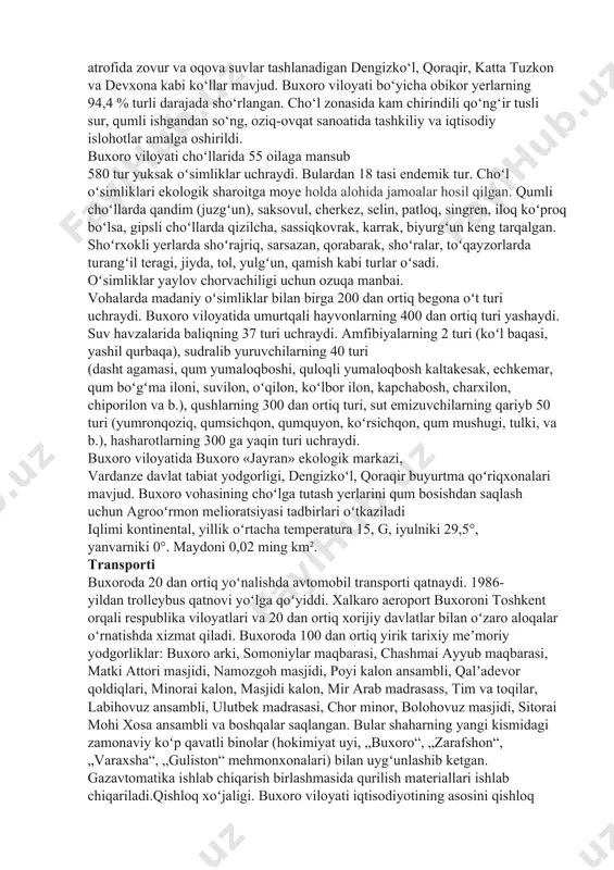 zilmalardan setalantepa, jarqoq, gazli, uchqirda gaz, kemachi, zikri, o‘rtabuloqda neftgaz hamda grafit konlari, ohaktosh, bentonit (gilmoya), granit konlari topilgan. buxoro viloyatida juda ko‘p mineral suv zaxiralari aniqlangan. quljuqtov, qoraxotin, jing‘ildi,oyoqog‘itma botig‘i atroflaridan topilgan suvlardan xo‘jalikda qisman foydalaniladi. viloyat seysmik jihatdan 7 balli, faqat gazli shahri atrofi 9 balli zilzila zonasiga kiradi. iqlimi keskin kontinental: yozi issiq, uzoq, quruq, iyulning o‘rtacha harorati 28—32°, qumliklarda 60—70° gacha ko‘tariladi. yanvarning o‘rtacha harorati 0° dan —2° gacha yiliga 90–150 mm yog‘in tushadi. asosan bahor va qishda yog‘adi. vegetatsiya davri 220 kun. buxoro viloyatining asosiy suv manbai — amu-buxoro mashina kanali. quyimozor, to‘dakul, sho‘rkul suv omborlarining ahamiyati katta. bundan tashqari vohalar atrofida zovur va oqova suvlar tashlanadigan dengizko‘l, qoraqir, katta tuzkon va devxona kabi ko‘llar mavjud. buxoro viloyati bo‘yicha obikor yerlarning 94,4 % turli darajada sho‘rlangan. cho‘l zonasida kam chirindili qo‘ng‘ir tusli sur, qumli ishgandan so‘ng, oziq-ovqat sanoatida tashkiliy va iqtisodiy islohotlar amalga oshirildi. buxoro …
