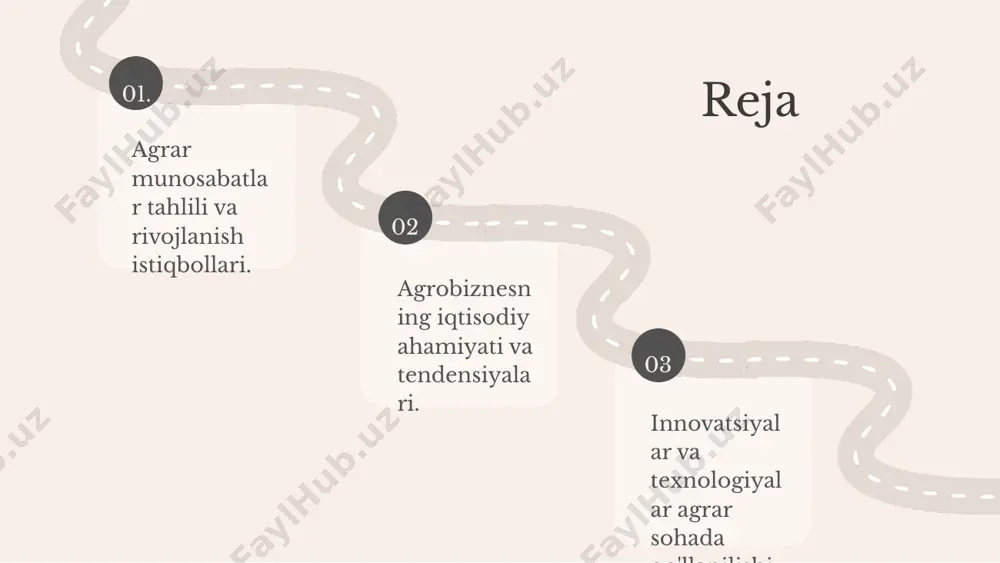 likni pasaytiradi. davlat va xususiy sektorda resurslarni samarali boshqarish zaruriyati mavjud. narxlar o'zgarishi narxlar o'zgarishi ishlab chiqaruvchilar va iste'molchilar o'rtasida muvozanatsizlikka olib keladi. narxlarni nazorat qilish va barqarorlikni ta'minlash muhimdir. bozorning nomutanosibligi bozor nomutanosibligi talab va taklifdagi muvozanatsizlikni keltirib chiqaradi. bozor tadqiqotlarini o'tkazish va strategik rejalashtirish yechim sifatida taklif etiladi. yechimlar taklifi davlat yordamlarini ko'paytirish, zamonaviy texnologiyalarni joriy etish va ta'limni yaxshilash orqali muammolarni hal qilish mumkin. bu choralar qishloq xo'jaligini rivojlantirishga yordam beradi. photo by luca bravo on unsplash 02. 04. 01. 03. agrobiznesning iqtisodiy ahamiyati agrobiznesni iqtisodiy jihatdan baholash, uning ishlab chiqarish va ta'minot zanjirlaridagi o'rni orqali amalga oshiriladi. bu soha oziq-ovqat xavfsizligini ta'minlash va qishloq joylarida iqtisodiy imkoniyatlarni oshirishda muhim ahamiyatga ega. agrobiznes mamlakat iqtisodiyotida katta o'rin tutadi, chunki u iqtisodiy o'sishni qo'llab-quvvatlaydi va xalqaro savdoda raqobatbardoshlikni oshirishga yordam beradi. agrobiznes, shuningdek, qishloq hududlarida ijtimoiy-iqtisodiy barqarorlikni ta'minlashda muhim rol o'ynaydi. agrobiznes va qishloq xo‘jaligi o‘rtasidagi bog‘liqlik, mahsulot …
