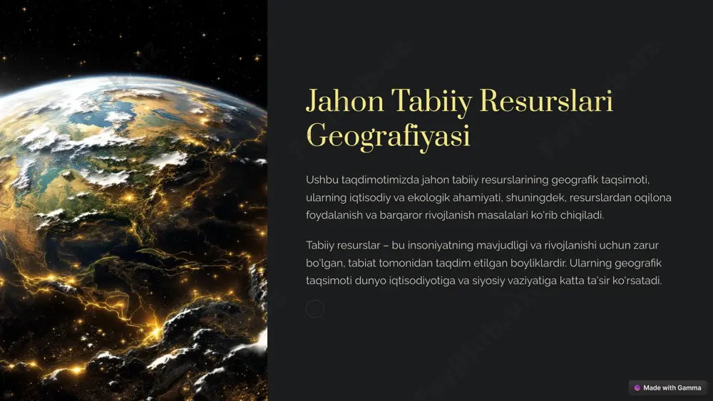 ammolari 1 ekologik ifloslanish, degradatsiya. 2 iqtisodiy narxlarning o'zgarishi. 3 ijtimoiy resurslar urushi. tabiiy resurslardan noto'g'ri foydalanish ekologik, iqtisodiy va ijtimoiy muammolarni keltirib chiqaradi. ifloslanish, degradatsiya va resurslar urushi global muammolardir. barqaror foydalanish usullarini joriy etish zarur. 11 tabiiy resurslarni barqaror boshqarish tejash resurslarni tejash va qayta ishlash. texnologiya ekologik toza texnologiyalar. hamkorlik xalqaro hamkorlik va konvensiyalar. barqaror boshqarish resurslardan oqilona foydalanishni, ekologik toza texnologiyalarni joriy etishni va xalqaro hamkorlikni talab etadi. bu kelajak avlodlar uchun resurslarni saqlab qolishga yordam beradi. 12 100% ahamiyat tabiiy resurslarning global ahamiyati. 50% vazifalar kelajak uchun asosiy vazifalar. 1 yo'llar barqaror rivojlanishga erishish yo'llari. tabiiy resurslar dunyo iqtisodiyoti va ekologiyasi uchun muhim ahamiyatga ega. kelajak uchun asosiy vazifa – resurslardan oqilona foydalanish va barqaror rivojlanishga erishishdir. xalqaro hamkorlik va innovatsion texnologiyalar bu maqsadga erishishda yordam beradi. 13 xulosa tabiiy resurslar – insoniyat hayoti va faoliyati uchun asosiy boyliklardan biridir. ularning yer yuzasida notekis joylashuvi, …