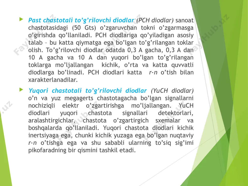 i bo‘yicha (yassi, nuqtaviy); g) birlamchi material bo‘yicha (germaniyli, kremniyli, arsenid-galliyi va x.k). bundan tashqari, elektrik parametrlarga qarab bir guruh ichida yodlar bo‘linishlari mumkin. har bir tipik guruhni ta’riflaydigan o‘ziga xos parametrlaridan tashqari ularning maxsus belgilanishiga bog‘liq bo‘lmagan barcha yo’dlar uchun umumiy parametrlari mavjud. ularga quyidagilar kiradi: ishlash harorat oralig‘i, ruxsat beriladigan teskari kuchlanish, ruxsat beriladigan to‘g‘rilangan tok, ruxsat beriladigan sochish quvvati. yuqori chastotali yarim o‘tkazuvchi diodlar to‘g‘rilovchi diodlarga o‘xshab, yuqori chastotali yo’d larda ham n-p o‘tishning nosimmetrik o‘tkazuvchanligi ishlatiladi. ular to‘g‘rilovchi diodlarga qaraganda ancha yuqori chastotalarda ishlaydi (yuzlab mgs gacha), universal va impulslilarga bo‘linadi. universal yuqori chastotali diodlar tokning bir yo‘nalishdagi yuqori chastotali tebranishlarni olish uchun modulyatsiyalashgan yuqori chastotali tebranishlarni amplitudasi bo‘yicha – chastotali modulyatsiya tebranishlarni (detektorlash) chastotasini o‘zgartirish uchun qo‘llaniladi. impulsli diodlar impulsli shemalarda almashib ulagich elementi sifatida ishlatiladi. yod yuqori chastotada ishlaganda diodning inersiyaligiga sababchi bo‘lib, o‘tish sig‘imi katta rol o‘ynaydi. agar diod to‘g‘rilovchi shemaga ulansa, bunda …