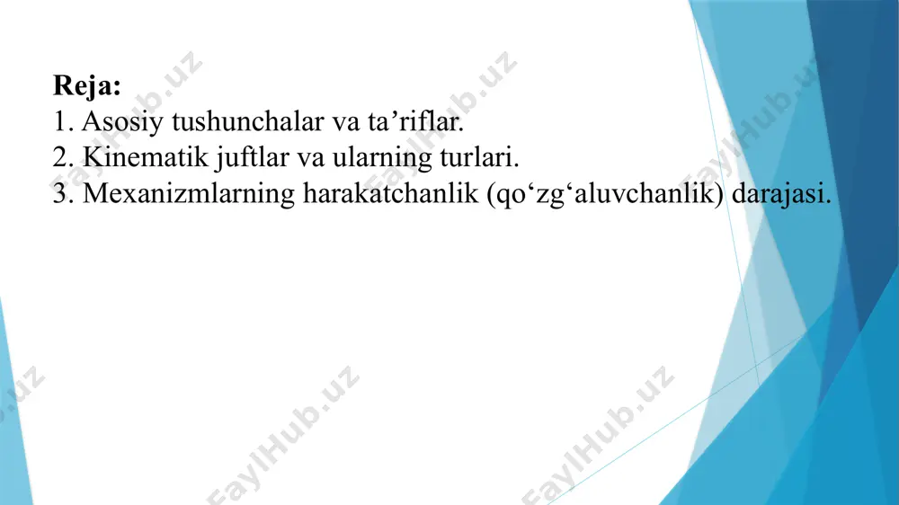 i, yaʼni ikkita jism bir-biridan mustaqil harakatlanadi; c = 6 bo‘lganda kinematik juftlik detallarning bikr birikmasiga, yaʼni bitta zvenoga aylanadi. c ning qiymatiga ko‘ra kinematik juftlikning qaysi sinfga mansubligi aniqlanadi: kinematik juft elementlari bir-biriga tekislik yoki sirt orqali tegishib tursa, bunday juft quyi kinematik juft deb, agar elementlari nuqta yoki chiziq orqali teginib tursa, bunday juft oliy kinematik juft deyiladi. quyi kinematik juft - bog’lanishlar yuza yoki sirt orqali oliy kinematik juft – bog’lanishlar chiziq yoki nuqta orqali mexanizmlarning harakatchanlik (qo‘zg‘aluvchanlik) darajasi. mexanizmlar turli alomatlariga ko‘ra tasniflanadi. birinchi navbatda ular quyi va oliy juftlikli mexanizmlarga bo‘linadi; bunday mexanizmlar tekis yoki fazoviy bo‘lishi mumkin. hamma harakatlanuvchi nuqtalari o‘zaro parallel tekisliklarda harakatlanadigan mexanizm tekis mexanizm deyiladi. zvenolarining harakatlanuvchi nuqtalari tekis bo‘lmagan trayektoriyalar chizib yoki o‘zaro kesishuvchi tekisliklarda joylashuvchi trayektoriyalar chizib harakatlanadigan mexanizmlar fazoviy mexanizmlar deyiladi fazoviy mexanizmlar fazoviy mexanizmning harakatchanlik darajasi: w = 6n – 5p5 – 4p4 – 3p3 – 2p2 …