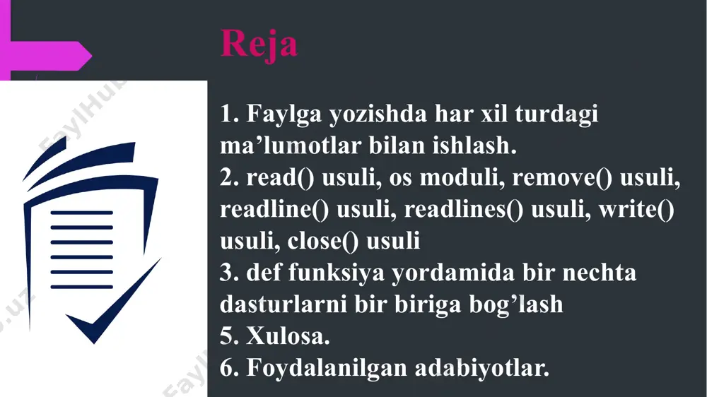 d() metodi yordamida fayl obyektining tarkibidan bizga kerakli matnni olib, yangi, fayl_malumoti o'zgaruvchisiga yuklayabmiz. • with operatorining vazifasi biz fayl bilan ishlab bo'lganimizdan so'ng faylni yopish. yuqoridagi misolda, 2-qatordan so'ng python zudlik bilan faylni yopadi. • shuning uchun open() funksiyasiga with orqali murojat qilganimizda, faylimiz with blokining oxirigacha ochiq turadi, va with tugashi bilan, fayl ham yopiladi. demak fayl ustidagi amallarni biz with bloki ichida bajarib olishimiz kerak. matn faylda qanday saqlangan bo'lsa, huddi shu ko'rinishda konsolga chiqdi. fayl ma’lumotlarini sonlar va harflardan iborat. agar saqlangan ma'lumot son bo'lsada, fayldan o'qiganimizda qaytgan qiymat matn ko'rinishida bo'ladi. matnni songa o'tkazish uchun, unga biroz ishlov beramiz: faylni qatorma-qator oʻqish ba’zida faylni toʻliqligicha emas, qatorma-qator oʻqish talab qilinishi mumkin. masalan, faylda talabalrning ismi yoki kundalik ob-havo maʻlumotlari saqlangdanda va hokazo. bunday hollarda for tsiklidan foydalanamiz: with open('telefon nomerlar.txt') as fayl: for ism_sharif in fayl: print(ism_sharif) qatorlarni ro'yxat ko'rinishida saqlab olish uchun, .readlines() metodidan …
