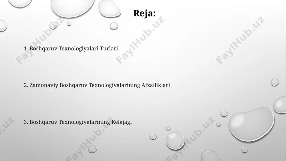 gan joydan kirish va 24/7 mavjudlik imkoniyatini beradi. boshqaruv texnologiyalari ta'rifi boshqaruv texnologiyalarining asosiy elementlari orasida crm, erp va bi tizimlari mavjud bo'lib, ular korxona ma'lumotlarini to'plash, tahlil qilish va ular asosida samarali qarorlar qabul qilishga imkon beradi. zamonaviy boshqaruv texnologiyalari, 5 dan ortiq xodimlarga ega bo'lgan korxonalarda, operatsion jarayonlarni optimallashtirish, xarajatlarni kamaytirish va raqobatbardoshlikni oshirish maqsadida qo'llaniladi. boshqaruv texnologiyalari, korxonalarning samaradorligini 20% gacha oshirishga yordam beradigan, ma'lumotlar tahlili, avtomatlashtirish va bulut texnologiyalari kabi vositalardan foydalanadigan tizimlarni o'z ichiga oladi. avtomatlashtirish va robotlashtirish avtomatlashtirish va robotlashtirish yordamida ishlab chiqarish samaradorligi 30% gacha oshirilishi mumkin, bu esa xarajatlarni kamaytirish va raqobatbardoshlikni oshirishga olib keladi. zamonaviy robotlashtirilgan tizimlar, o'rtacha 99,9% aniqlik bilan 24/7 rejimida ishlashi mumkin, bu esa inson xatoliklarini minimallashtiradi. kichik va o'rta biznes uchun robotlashtirishning dastlabki investitsiyasi o'rtacha 50,000 aqsh dollarini tashkil etadi, lekin bu investitsiya 2-3 yil ichida o'zini oqlaydi. loyiha boshqaruvi dasturlari bunday dasturlar 50 dan ortiq vazifalarni, …