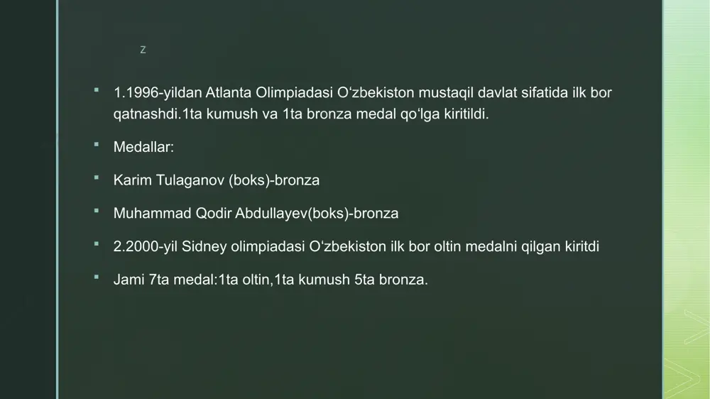 bek rashitov olimpiadada o‘zlarining ikkinchi oltin medalini qo‘lga kiritdi. z yangi tarix yaratildi o‘zbekiston delegatsiyasi jahonda 13-o‘rinda qayd etildi. ushbu natija mdh mamlakatlari, markaziy osiyo davlatlari, turkiy davlatlar ichida eng yaxshisi hisoblanadi. z mdh davlatlari ichida ozarbayjon (2+2+3) hamda qozog‘iston (1+3+3) kuchli uchlikni yakunlab berdi. rossiya va belarus delegatsiyasi musobaqalarda qatnashmadi. markaziy osiyoda o‘zbekistondan keyingi o‘rinlarni qozog‘iston (1+3+3) hamda qirg‘iziston (0+2+4) jamoalari egalladi. osiyo mamlakatlari orasida to‘rtinchi o‘rin: o‘zbekiston osiyo mamlakatlari orasida faqat xitoy, yaponiya va janubiy koreyadan keyin, 4-o‘rinni egalladi. z esda qolgan vaziyatlar musobaqaning dastlabki kunlaridan o‘zbek sportchilari musobaqaning kun mavzusiga aylanib oldi. diyora keldiyorova 5 yildan beri mag‘lub bo‘lmagan uta abeni mag‘lub etib, yakunda oltin medalni qo‘lga kiritgani dzyudo, umuman sport olamidagilarni hayron qoldirdi. z foydalanilgan adabiyotlar roʻyxati: g’aniyev s. k. ,karimov m. м., tashev к. а. ахborot xavfsizligi toshkent 07 2. s.s. qosimov axborot texnologiyalari xaqida o’quv qo’llanma toshkent 07 3. g’aniyev s.k.karimov m.м. hisoblash tizimlari …