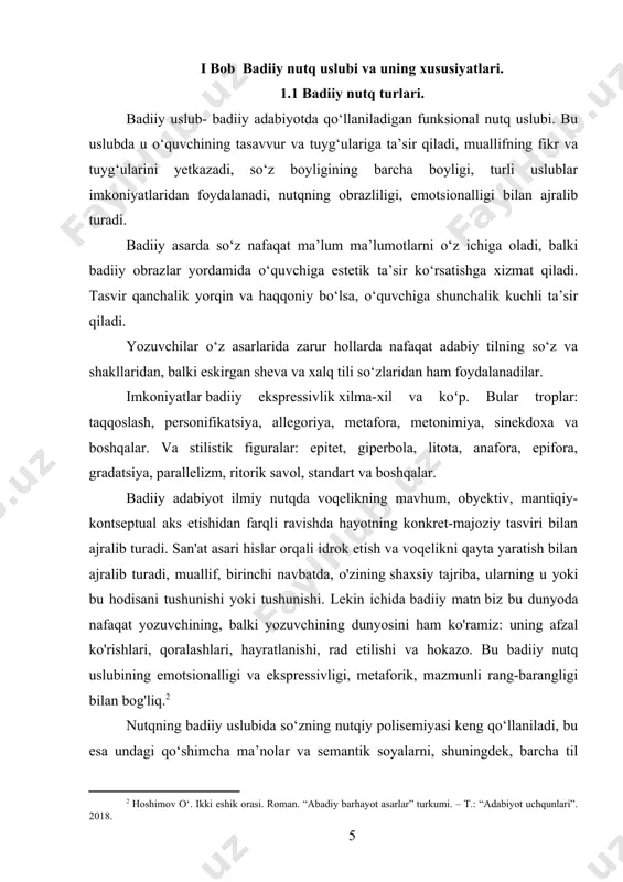 n matnga "so'zlashuvchi ismlar" ni kiritgan holda keng qo'llanilgan (skotinins, prostakova, milon va boshqalar). tasvir yaratish uchun muallif bir matn ichida so‘zning ko‘p ma’noliligi, omonim, sinonim va boshqa til hodisalarining imkoniyatlaridan foydalanishi mumkin. adabiy-badiiy uslub inson faoliyatining badiiy-estetik sohasiga xizmat qiladi. badiiy uslub – badiiy adabiyotda qo‘llaniladigan funksional nutq uslubi. ushbu uslubdagi matn o'quvchining tasavvur va his-tuyg'ulariga ta'sir qiladi, muallifning fikr va his-tuyg'ularini etkazadi, so'z boyligi, imkoniyatlaridan foydalanadi. turli uslublar, nutqning obrazliligi, emotsionalligi, konkretligi bilan ajralib turadi. badiiy uslubning emotsionalligi so‘zlashuv va publitsistik uslublarning emotsionalligidan sezilarli darajada farq qiladi. badiiy nutqning emotsionalligi estetik vazifani bajaradi. badiiy uslub til vositalarini oldindan tanlashni o'z ichiga oladi; tasvir yaratish uchun barcha til vositalaridan foydalaniladi. badiiy nutq uslubining o'ziga xos xususiyati - bu hikoyaga rang beradigan, voqelikni tasvirlash qudratini beruvchi badiiy troplar deb ataladigan maxsus nutq figuralaridan foydalanishdir. xabarning vazifasi estetik ta’sir funksiyasi, obrazlilikning mavjudligi, tilning eng xilma-xil vositalari, ham umumiy til, ham alohida …