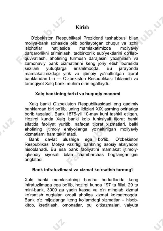 vori hisoblanadi. ayniqsa, banklar tizimi xalq xo‘jaligining barcha tarmoqlari bilan bevosita bog‘langan bo‘lib, ularning faoliyati mamlakat iqtisodiyotining yuragi vazifasini bajaradi. o‘zbekiston respublikasida esa bunday muhim moliyaviy institutlardan biri – bu xalq bankidir. uning shakllanish tarixi, o‘tgan yo‘li va hozirgi zamon talablariga moslashtirilgan faoliyati alohida e’tiborga loyiq. xalq bankining ildizlari: davlat banki filialidan milliy bankkacha (1869–1917) xalq banki tarixini anglash uchun avvalo uning asoslarini tashkil etgan davrga – xix asrga nazar solish lozim. 1869-yilda rossiya imperiyasining turkistondagi birinchi general-gubernatori konstantin petrovich kaufman davlat bankining toshkentda filialini ochishni taklif qilgan. bu taklif 1871-yil 23-avgustda moliya vazirligi maxsus komissiyasi tomonidan ijobiy ko‘rib chiqildi va 1874-yil 12-noyabrda rasmiy ruxsat berildi. 1875-yil 10-may kuni toshkentda davlat bankining birinchi filiali ochildi. u o‘z faoliyatini 8 turdagi bank xizmatlari bilan boshlagan. dastlabki bosqichda bankning asosiy vazifasi savdo-sotiqni moliyalashtirish, turkiston o‘lkasidagi budjet mablag‘larini boshqarish, mustamlaka ma’muriyatining g‘aznachilik vazifasini bajarish edi. bu filial o‘sha davrda yagona moliyaviy muassasa bo‘lib, …