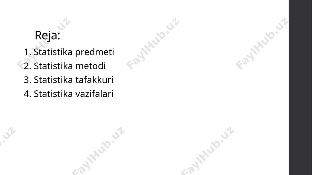 uzaga chiqish (tashqi belgisi) soni va darajasi tushuniladi. demak statistika fanining predmeti ommaviy ijtimoiy-iqtisodiy hodisa va jarayonlarning miqdoriy tomonlarini ularning sifat ko‘rsatkichlari bilan uzviy bog‘liqlikda ma’lum makon va zamonda o‘rganishdir. statistika ayrim hodisalarni emas, balki ommaviy hodisalarning miqdoriy tomonlarini ularning sifat tomonlari bilan chambarchas bog‘liq holda ma’lum makon va zamon chegarasida o‘rganadi. “predmet” so'zi bir necha lug'aviy ma'noga ega: predmet bizdan tashqarida va ongimizga bog'liq bo'lmagan mavjudot, buyum narsa;narsa; o'rganilayotgan hodisa, voqea, fakt; fikr yuritish ob'ekti, mulohaza mazmunini belgilovchi narsa; muayyan o'quv fani, bilimlar majmuasi; mavzu, biror narsani tekshirishga yo'llash sababi. 10 statistik o'rganish ob`yekti statistika o'rganadigan ob'ekt, uning jihatlari va rivojlanish qonuniyatlari, statistik fikrlash, tushuntirish mazmunini tashkil etuvchi voqealar, ularning mohiyatidan kelib chiqadigan sabab-oqibat bog'lanishlar, statistika fanining mazmunini yoritib beradigan bilimlar doirasi nazarda tutiladi. bu masalaga statistikani qo'llanish sohalari ham aloqadordir. 2. statistika metodi ommaviy hodisa va jarayonlar har xil sohalarda kuzatiladi va turli tumandir, ularning kechish sharoitlari ham, …