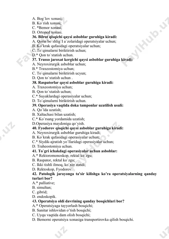 llari komleksi nima deb ataladi? a. *antiseptika; b. aseptika; c. rentgenterapiya; d. antibiotikoterapiya. 53. mexanik antiseptikaga nimalar kiradi? a.* jarohatga birlamchi xirurgik ishlov berish; b. terini oshlash; c. jarohatni yuvish; d. shuntlash. 54. fizikaviy antiseptikaga nimalar kiradi? a.* jarohatlarni drenajlash; b. qon to'xtatish; c. antibiotik yuborish; d. terini bujmaytirish. 55. drenajlarni qo'llashdan maqsad? a.* yot suyuqliklarni chiqarish; b. qon to'xtatish; c. jarohatni quritish; d. og`riqsizlantiruvchi moddalar yuborish. 56. rentgen nurlari antiseptikaning qaysi turiga kiradi? a.* fizik; b. biologik; c. kimyoviy; d. mexanik. 57. oksidlovchi antiseptiklarga nimalar kiradi? a.*kaliy permanganate; b. kaliy xlor; c. kaliy yod; d. oksiferiskarbon. 58. biologik antiseptiklarga qaysi moddalar kiradi? a. *pepsin; b. sulfodimezin; c. furatsillin; d. xlorgeksidin. 59. terrilitin preparati qaysi antiseptika guruhiga kiradi? a. *enzimlarga; b. antibiotiklarga; c. sulfanilamidlarga; d. nitrofuranlarga. 60. tirin organizmdan olinadigan fermentlarga qaysi moddda kiradi? a. *ribonukleaza; b. ximoksin; c. tripsin; d. tripsinogen. 61. biologik antiseptiklar? a. *antibiotiklar; b. vitaminlar; c. …