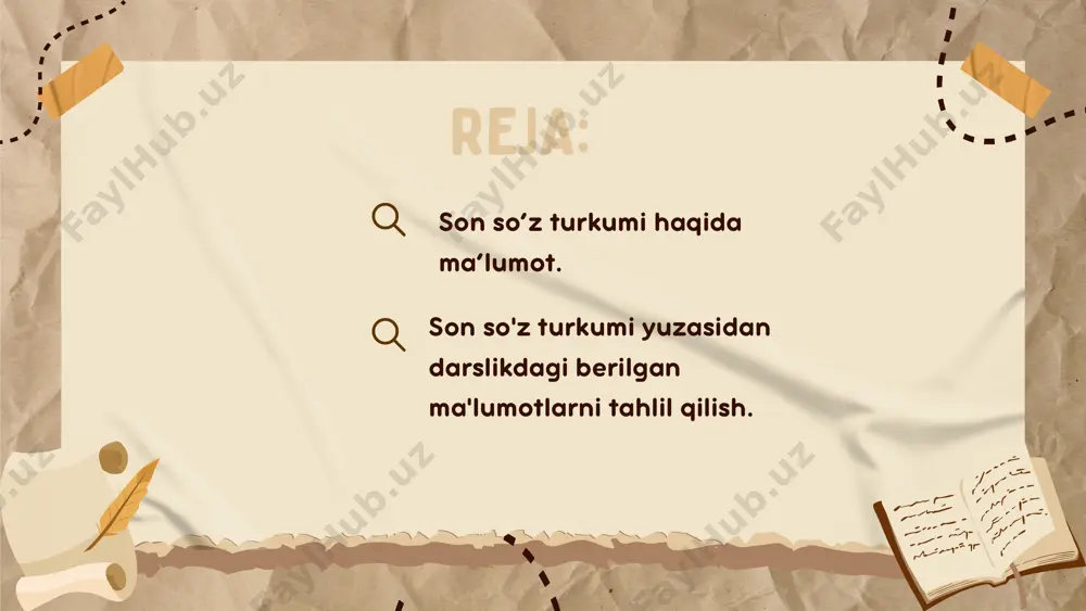 an bitta so'roqqa javob bo'lishi o' rganiladi. oldingi sonlarning otga bog'lanishi, so'roqlar yordamida sonni o'zi bog'langan so'z bilan ko'chirish ko'nikmalari o'stiriladi. "son" ustida ishlash dastur talabiga ko'ra 1-sinfdan boshlansa ham, uni o'rganish jarayoni, metodik jihatdan 4 bosqichga bo'linadi. "son" boshlang'ich ta limda elementar nazariy tushunchalar asosida amaliy o'rganiladi. lekin 1-bosqichni to'liq manoda sonni amaliy o'rganish bosqichi deb nomlaymiz. c hunki bu bosqichda umuman nazariyasiz son ustida ishlanadi va bu 1-sinfning savod o'rgatish va 1-sinfning 2-yarmiga to'g'ri keladi. bu bosqich soni o'rganuvchi keyingi bosqichlarga zamin tayyorlaydi. 1-sinfning ikkinchi yarmida mashq ishlash paytida "gapda nechta kim? so'rog'iga javob bo 'lgan so'z bor?, nechta unli bor?, nechta undosh bor?, berilgan so'z nechta bo'g'inga bo'linadi? " kabi savollarga javob olinadi. bu bosqichda aralash berilgan so'zlardan gap tuzdirish, mashq matnidan gaplar sonini, gapda so'zlar sonini, so'zdagi bo'g'in yoki tovush sonini aniqlatish, baozan tahlilni yozma tarzda bajarish (5 ta unli bor, beshta bo'g'in bor) kabi mashq …