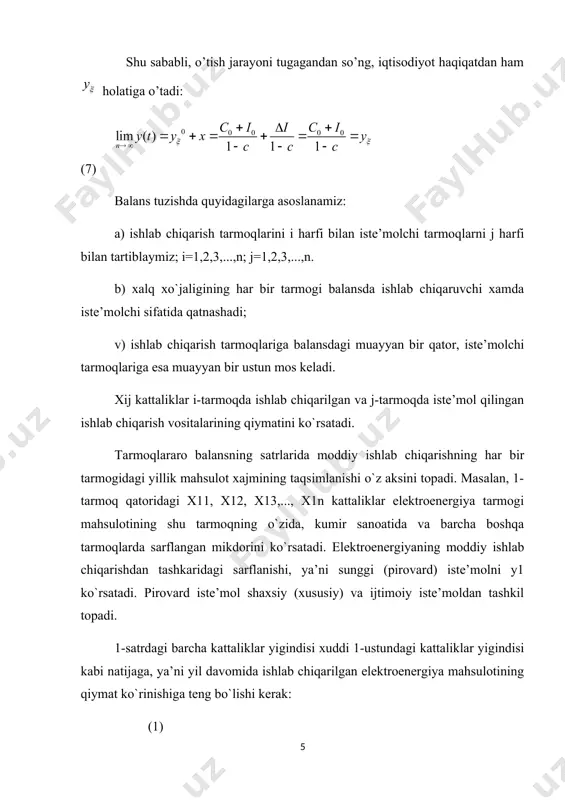 xarajatlari koeffitsiyentlarini ham aniqlash mumkin. bu holatda tabiiy (natural) o`lchovdagi mahsulotlararo balansga asoslanamiz. balans satrlarida har bir mahsulotning boshqa mahsulotlarni ishlab chiqarishga va pirovard iste’molga taqsimlanishi hamda barcha turdagi mahsulotlarni ishlab chiqarishga jonli mehnat sarflanish taqsimoti ko`rinadi. (mehnat sarflari bir xil murakkablikda deb olinadi). j - j-mahsulotni ishlab chiqarishga sarflangan jonli mehnat xarajatlari, xj - j-mahsulotni ishlab chiqarish hajmi bo`lsin. u holda - j-mahsulotning bir-birligini ishlab chiqarishdagi bevosita mehnat xarajatlarini ko`rsatadi. to`la mehnat xarajatlari tushunchasi bevosita jonli mehnat xarajatlari bilan moddiylashgan mehnat xarajatlari yig`indisi sifatida qaraladi va quyidagicha hosil bo`ladi: bu shaklda har bir j- mahsulot uchun: tj - j-birlik mahsulotga sarflangan to`la mehnat xarajatlari koeffitsiyenti; tj - birlik mahsulotga sarflangan bevosita jonli mehnat xarajatlari koeffitsiyenti; aijti - i- ishlab chiqarish vositasi yordamida j-mahsulotga kuchirilgan moddiylashgan mehnat xarajatlari. (10) bu tenglamadan zarur almashtirishlar yordamida quyidagi tenglamani olish mumkin: , bu yerda bij - to`la xarajatlar koeffitsiyentlaridir. demak, har qanday j-mahsulot …