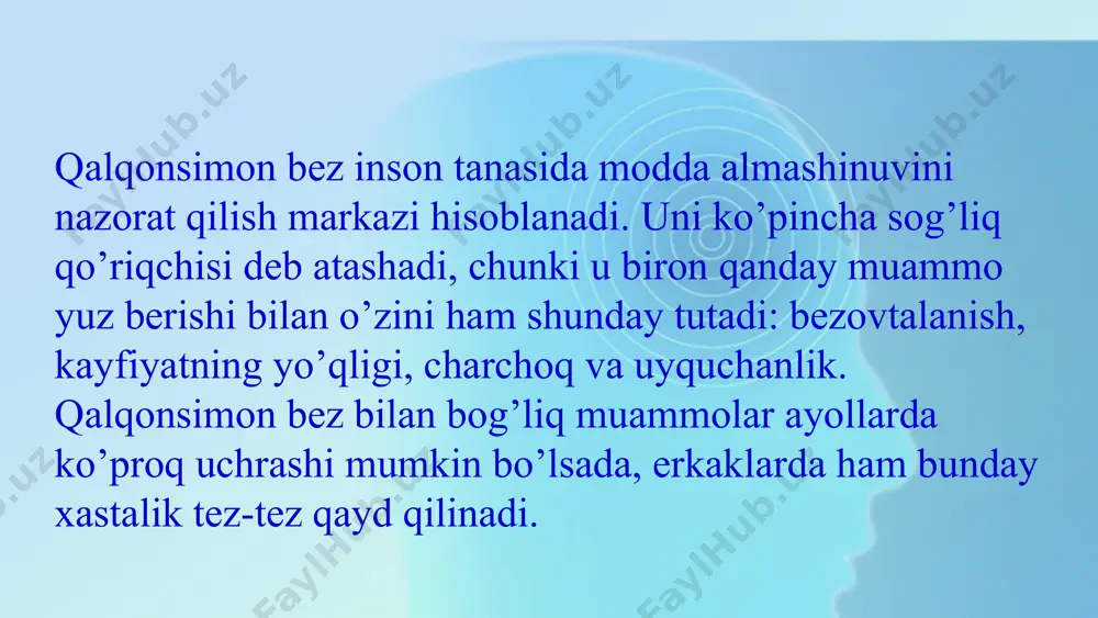 yalar yuqori perenatal o'lim kattalar : gipotireoz intellekt buzilishi 1 yoshgacha bo'lgan bolalarning yuqori perenatal o'limi nevrotik kretinizm aqliy zaiflik kar soqovlik g'ilaylik endemik buqoq kasalligining asosiy belgilari bo'yinning old qismida shish paydo bo'lishi nafas olish va yutinishga qiynalish aqliy va jismoniy qobiliyatning susayishi toksik buqoq kasalligining asosiy belgilari sababsiz ozish yig'iga moyillik badan qizishi badan titrashi yurak o'ynog'i ko'zning chaqchayib qolishi uyquda halovatsizlik yod yetishmovchiligi mavjud hududda homiladorlik va tug’ruq davridagi asoratlar bukokka chalingan xomiladorlar bukokka chalinmagan xomiladorlar gestozlar homila gipoksiyasi anemiya vaqtidan oldingi tug’ruqlar tug’ruq faoliyati buzilishi 1.7.2013 oslojneniya beremennosti i rodov registrirovalis s visokoy chastotoy, osobenno na fone uvelicheniya shitovidnoy jelezi. naibolee sushestvennie razlichiya otmechalis dlya takix sostoyaniy kak: anemiya, gestozi, xronicheskaya vnutriutrobnaya gipoksiya ploda, diskoordinatsiya rodovoy deyatelnosti i prejdevremennie rodi. ‹#› izucheniya soderjaniya kolichestva yoda v fruktax, ovoshax i myasnix produktax ruz uzr etishtiriladigan ozik-ovkat maxsulotlarida yodning mikdori maxsulot nomi 100g maxsulotda (v mkg) 100mkg yod …