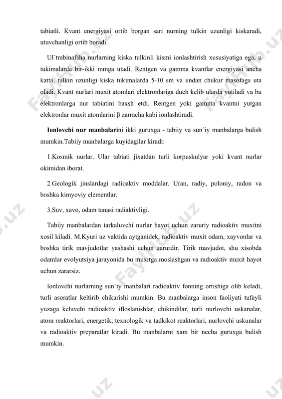 hi mumkin. bu manbalarga inson faoliyati tufayli yuzaga keluvchi radioaktiv ifloslanishlar, chikindilar, turli nurlovchi uskanalar, atom reaktorlari, energetik, texnologik va tadkikot reaktorlari, nurlovchi uskunalar va radioaktiv preparatlar kiradi. bu manbalarni xam bir necha guruxga bulish mumkin. 1.yadro sinovlari, atom elektrostantsiyalaridagi avariyalar, radioaktiv moddalarni kazib olish, uranni boyitish, fabrikalarning chikindilari, uran bilan ishlovchi ob`ektlarida texnologik jarayonlarining buzilishidan yuzaga kelgan, tabiiy muxitdagi radiatsiyaning sun`iy manbalari kozogistonda, semipalatinsk yadro poligoni; aqshda nevada shtatida va polineziya orollaridagi yadro poligonlari xududi va uning atrofidagi radioaktiv koldiklar va osmondan yogilgan chang, chelyabinsk shaxri yakinida techa dar`yosiga radioaktiv chiqindilarni katta miqdori tushishi natijasida yuzaga kelgan radioaktiv ifloslanish xavzasi, kishtim shaxri yakinida radioaktiv chikindilar portlashidan, chernobil, aesning avariyasi natijasida belorusiya, ukraina va rossiyaning unga yakin viloyatlarni kamrab olgan radioaktiv ifloslanish regionlari. 2.atom energetik, texnologik va tadkikot kurilmalari, turli tezlatgichlar, aeslar, tadkikot utkazish va radioaktiv moddalar olish uchun muljallangan reaktorlar, atom suv usti va suv osti kemalari, radioizotoplar olinadigan …
