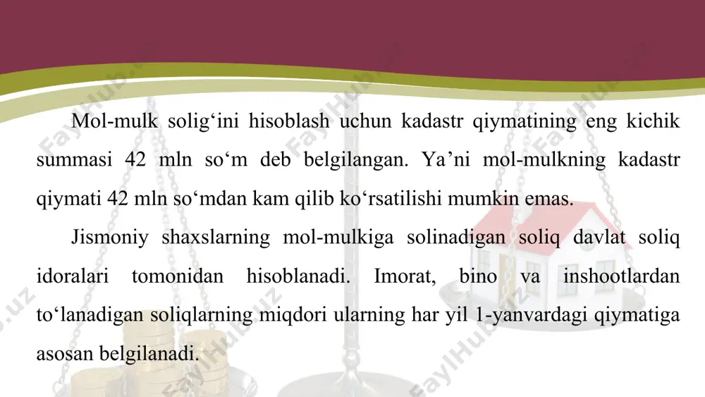 olinadigan obyektlarning qoldiq qiymatlarining yig‘indisini 12 ga (12 oyga) bo‘lish yo‘li bilan aniqlanadi 2019- yilda yuridik shaxslar mol-mulk solig‘ining stavkasi soliq solish bazasiga nisbatan 2% miqdorida belgilangan. ushbu soliq stavkasi korxona mulkining qayta baholangan qoldiq qiymatidan undiriladi. ayrim toifadagi jismoniy shaxslar (urush nogironlari, qatnashchilari, ko‘p bolali ayollar, pensionerlar va boshqalar) uchun mol-mulk solig‘i bo‘yicha imtiyozni qo‘llash maqsadida soliq solinmaydigan maydon miqyosi 2019- yilgacha 60 kvadrat metrni tashkil qilar edi. yangi soliq qonunchiligiga binoan bu o‘lcham o‘zgarmay qoldi. agarda jismoniy shaxs tomonidan o‘ziga tegishli mol-mulk tadbirkorlarga ijaraga berilsa, yoki undan mulkdorning o‘zi tadbirkorlik maqsadlarida foydalansa, oldingi yillarda bu mol-mulkka nisbatan imtiyozlar qo‘llanilmas edi. 2019- yildan boshlab bu qoida bekor qilindi. ya’ni, bunday mol-mulkka nisbatan ham imtiyozlar saqlab qolinadigan bo‘ldi. mol-mulk solig‘i bo‘yicha imtiyozlar soliq kodeksining 275- moddasida batafsil keltirilgan. mol-mulk solig‘iga tortilishi zarur bo‘lgan mol-mulk egasi bo‘lgan yuridik shaxs mol-mulk solig‘i subyekti hisoblanadi. yuridik shaxslarning mol-mulki solig‘iga tortiladigan mol-mulklari esa mol-mulk …