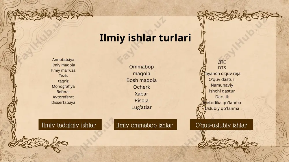 ligi va tadqiqotning adresati kim ekanligi ko‘rsatiladi. ayrim hollarda annotatsiya bir necha tilda bayon etilishi ham mumkin. tezis - ilmiy maqola yoki konferensiyalar uchun taqdim qilinadigan ilmiy ma’ruzaning qisqa asosiy mazmuni aks ettirilgan ilmiy ish turi bo‘lib, uning hajmi annotatsiyadan kattaroq, biroq ilmiy maqoladan kichik bo‘ladi (taxminan 1 betdan 3-4 betgacha). tezislar, odatda, nashr va konferensiya talablariga asosida bir necha tillarda beriladi. uni ilmiy asarga beriladigan tanqidiy baho, tanqidiy talqin aks etgan taqriz bilan chalkashtirmaslik kerak. taqriz – tadqiqot ishi, darslik va o‘quv-metodik qo‘llanmalarga beriladiga taqidiy baho bo‘lib, unda mazkur ishning dolzarbligi va zarurati, ishning mazmuni me’yoriy hujjatlar talablariga mosligi, muallif erishgan yutuqlar, qo‘llangan yangi metodlar va texnologiyalar, ishning rasmiylashtirilishi va savodxonlik darajasi tahlil qilinadi, bunda, albatta, taqrizchi shu soha mutaxassisi bo‘lishi va sub’ektivlikka yo‘l qo‘ymasligi kerak. referat – mavjud matn yoki bir qancha matnlarni izohlovchi shakllaridan biri sanaladi. shu boisdan, konspektdan farqli o‘laroq, referat yangi, muallif matn sanaladi. ushbu …