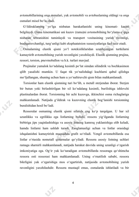 da qo‘shimcha elastik qism sifatida g‘ildiraklarning yuqori va pastga harakatini chegaralovchi bufer sifatida qo‘llaniladi. osmalarning elastikligi avtomobil kuzovining ko‘ndalang tekisligida og‘ishiga olib keladi. natijada kuzov ko‘ndalang tekislikda tebranadi, bu esa yo‘lovchiga noqulaylikni sodir etadi. stabilizator avtomobilning ko‘ndalang tekislikdagi turg‘unligini yaxshilaydi. stabilizatorlar yengil avtomobillarning mustaqil old osmalariga o‘rnatiladi, lekin zaruriyat bo‘lsa, orqa osmalarda ham qo‘llaniladi. stabilizator p-simon shaklda bo‘lib, yumaloq elastik po‘lat sterjendan yasaladi. sterjenning o‘rtasida rezina tayanch yordamida kuzovga mahkamlanadi. sterjen uchlari ikkita ustun bilan rezina yostiqchalar yordamida osma richaglariga sharnirli mahkamlanadi. lekin ba’zi konstruksiyalarda sterjen richagga to‘ppa-to‘g‘ri mahkamlanishi ham mumkin. orqa osmaning tuzilishi va ishlashi. «neksiya» avtomobilining orqa osmasi (45-rasm) mustaqil emasdir. osma ikkita bo‘ylama joylashgan richagdan iborat bo‘lib, kuzovga maxkamlangan, hamda bir- biri bilan ko‘ndalang to‘sin bilan biriktirilgan, bundan tashqari ikkita bochkasimon prujina va amortizator ham bor. «neksiya» avtomobilining orqa osmasi (45-rasm) mustaqil emasdir. osma ikkita bo‘ylama joylashgan richagdan iborat bo‘lib, kuzovga maxkamlangan, hamda bir-biri bilan ko‘ndalang to‘sin …