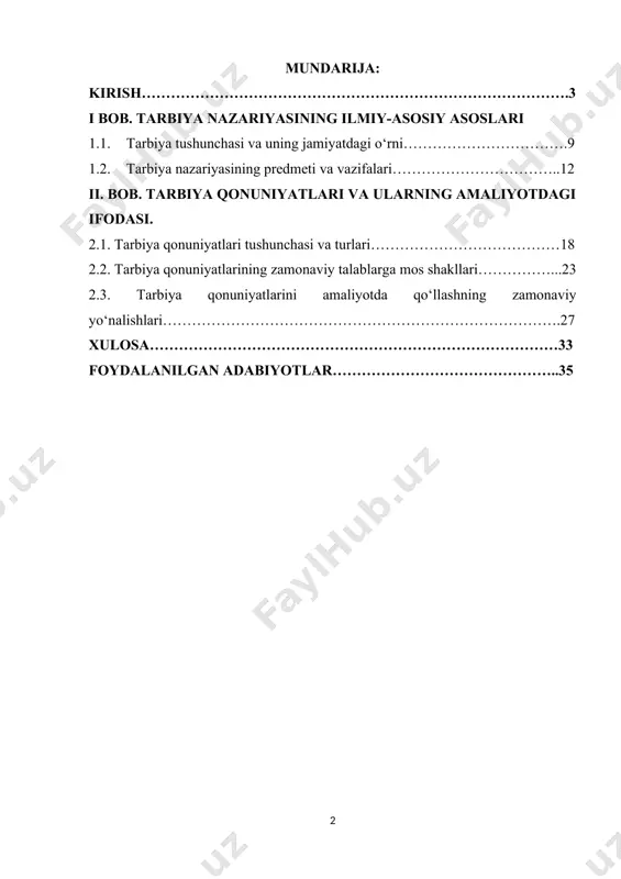 aprel) kabi hujjatlar tarbiya tizimini ilmiy asosda takomillashtirish, pedagogik qonuniyatlarni chuqur o‘rganish va ularni amaliyotga tatbiq etishga keng yo‘l ochmoqda[footnoteref:3]. [1: o‘zbekiston respublikasi prezidenti shavkat mirziyoyevning oliy majlisga murojaatnomasi, 2022-yil 27-yanvar] [2: pq–4944-sonli prezident qarori, 2021-yil 26-mart. “ma’naviyat va ma’rifat tizimini takomillashtirish to‘g‘risida”] [3: pq–5032-sonli prezident qarori, 2021-yil 20-aprel. “yoshlar ma’naviyatini yuksaltirish chora-tadbirlari”] mavzuning dolzarbligi. tarbiya — inson shaxsining shakllanishi, ijtimoiy hayotga moslashuvi va o‘zligini anglashida muhim rol o‘ynaydigan doimiy jarayon bo‘lib, u jamiyat taraqqiyotining hal qiluvchi omillaridan biridir. bugungi kunda globallashuv, axborot texnologiyalari, migratsiya jarayonlari, madaniyatlararo almashinuvlar, ijtimoiy tarmoqlarning ta’siri hamda oilaviy muhitdagi o‘zgarishlar yoshlar tarbiyasiga yangicha yondashuvni taqozo etmoqda. bu holat esa tarbiyaning ichki qonuniyatlarini chuqur o‘rganish, tahlil qilish va amaliyotga ilmiy asosda joriy etishni hayotiy zaruratga aylantirmoqda. yangi o‘zbekiston taraqqiyot strategiyasida “ma’naviy yuksalish va ma’rifiy uyg‘onish” ustuvor yo‘nalish sifatida belgilangani bejiz emas. tarbiya sifatini oshirmasdan turib, shaxsning, jamiyatning va davlatning mukammal rivojlanishini tasavvur etib bo‘lmaydi. ayniqsa, yosh …