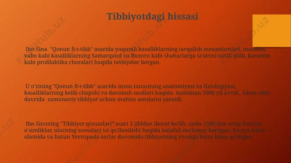 tgan. ibn sinoning merosi ibn sina astronomiya sohasida ham muhim hissa qo'shgan bo'lib, geometrik va trigonometrik hisob-kitoblarni qo'llagan holda, quyosh va yulduzlarning harakatini o'rganishga oid 30 dan ortiq maqola yozgan. ibn sinoning 500 dan ortiq asari, tibbiyot, falsafa, astronomiya va matematikadan tortib adabiyotgacha bo'lgan turli sohalarni qamrab olgan bo'lib, ularning ko'pchiligi buxoro va isfahonda yozilgan. uning "qonun fi-t-tibb" nomli tibbiyot bo'yicha asari 17-asrga qadar yevropada tibbiyotning asosiy darsligi bo'lib xizmat qilgan va 1500 yildan ortiq davom etgan. e'tiboringiz uchun rahmat @taqdimot_robot image3.png image1.png
