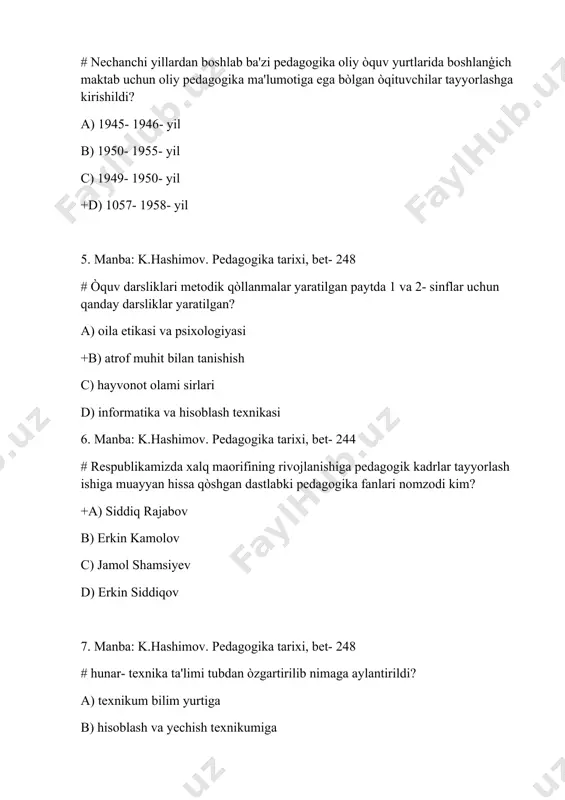 # so’fiylik ta’limoti qachon paydo bo’lgan? +a) viii asr oxiri- ix asr boshlarida b) vii asr oxiri- xi asr boshlarida c) vi asr oxiri- x asr boshlarida d) v asr oxiri- xii asr boshlarida № 9. manba: k.hoshimov, s.nishonova.pedagogika tarixi bet-62 # so’fiylik ta’limoti nimani shakllanishida muxim o’rin tutadi? +a) inson kamoloti xususidagi go’yalarning shakllanishida b) turli qarash va go’yalarning shakllanishida c) inson aqliy kamolotini shakllanishida d) dunyoviy va diniy bilimlarni shakllanishida № 10. manba: k.hoshimov, s.nishonova.pedagogika tarixi bet-62 # so’fiylik ta’limoti komil inson bu… ? +a) dono, oqil, pok niyatli odamdir. b) bilimli shijoatli qo’rqmas odamdir. c) jangchi, qaxramon odamdir. d) ezgulik tilaydigan, vatanparvar odamdir. № 11. manba: k.hoshimov, s.nishonova.pedagogika tarixi bet-62 # so’fiylik ta’limotida komillik mezoni ikki narsa…? +a) mo’min musulmon, solih inson va o’z-o’zini tanish. b) ilm,fan va tafakkur c) ezgulik va jaholatni engish d) qo’rqmas va vatanparvarlik № 12. manba: k.hoshimov, s.nishonova.pedagogika tarixi bet-62 # alisher …
