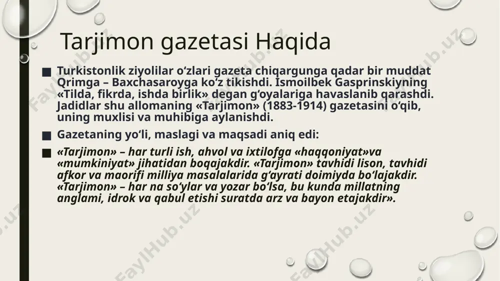 azetasi „taraqqiy“ ning ilk soni 1906-yil 14-iyun sanasi bilan „najot: maslakda sabot; toʻgʻrilikni ijobat“ shiori bilan dunyo yuzini koʻrgan. „turkiston 12-avgust[1]“ maqolasida muharrir turkistoning shonli tarixidan gap boshlagan. xix asrning insoniyat boshiga koʻplab tashvishlar keltirgani, ojiz millatlarning imperialistik zulm ostida qolgani yozilgan.1917-yilning mart oyidan „shoʻroi islom“ nashri afkori boʻlgan „najot“ gazeta chiqa boshlagan. shiori „musavvat, hurriyat, adolat“ boʻgan gazeta oʻzbek, tatar, qozoq va qirgʻizlarga „vatandosh“, „millatdosh“ deb xitob qilgan. nashr muharriri munavvar qori abdurashidxonov boʻlgan. gazeta barcha turkiston xalqini sinfiy ayrimga bormasdan yagona ittifoqqa birlashishga chaqirgan. salohiddin muftizoda „sukut qiling! sohibi sarvatlarning nidosi“ maqolasida bozorlarni arzonlashtirish, xalqning eng zaruriy muammolarini zudlik bilan hal etishga chaqirgan.1917-yil 25-iyun sanasi bilan „najot“ ning oʻrniga „kengash“ gazetasi chiqa boshlagan. turkiston jadidlarining yana bir mashhur gazetalaridan biri samarqanda chop etilgan „hurriyat“ dir. unga muharrir mardanqul shohmuhammadzoda boʻlgan. tatar taraqqiyparvarlarining „ittifoq“ jamiyati tamonidan nashr qilingan „ulugʻ turkiston“ gazetasi 1917-yilning 25-aprelda nashr qilina boshlagan. qoʻqon shahrida ham …