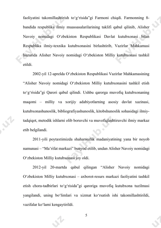 saqlash va aniq taqdim qilish jarayonini avtomatlashtirish”, “milliy kutubxonaning yagona bazasi asosida kitob va jurnallarning statistik hisobotini avtomatlashtirish”, “dissertatsiya va ilmiy ishlarning yagona bazasi”, “shaxsiy kabinet”, “imidj katalog” dasturlari amalga oshirilmoqda. vazirlar mahkamasining “oʻzbekiston matbuot va axborot agentligi toʻgʻrisidagi nizomni tasdiqlash, shuningdek, uning faoliyatini takomillashtirish toʻgʻrisida” 2017-yil 30-dekabrdagi qarori asosida alisher navoiy nomidagi oʻzbekiston milliy kutubxonasi agentlik tuzilmasi tarkibiga kiritildi. oʻzbekiston respublikasi prezidentining 2019-yil 4-fevraldagi “oʻzbekiston respublikasi prezidenti administratsiyasi huzuridagi axborot va ommaviy kommunikatsiyalar agentligi faoliyatini tashkil etish toʻgʻrisida”gi qarori bilan agentlikka axborot-kutubxona faoliyatini rivojlantirishni qoʻllab-quvvatlash boʻyicha vakolatli organ maqomi berildi. natijada oʻzbekiston milliy kutubxonasi oldiga yangi vazifalar qoʻyildi. ushbu kutubxona hozirda mamlakatimizdagi barcha axborot-kutubxona muassasalari uchun muvofiqlashtiruvchi va uslubiy markaz vazifasini oʻtamoqda. kutubxona huzurida tashkil etilgan respublika uslubiy kengashi kutubxonalar faoliyatini axborot-kommunikatsiya texnologiyalari bilan taʼminlash, alohida kutubxonalar uchun namunali nizomlar, uslubiy-bibliografik qoʻllanmalarni joriy etishga doir tavsiyalarni ishlab chiqish bilan shugʻullanmoqda. frazeologiya – tilshunoslikning bo‘limlaridan biri hisoblanadi.tilda ikki yoki undan …