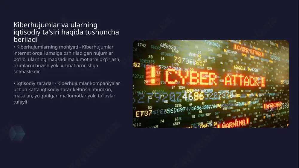 iy sektorning birgalikda ishlashlari muhimdir. har ikki sektor o'zining resurslari va ekspertizasi bilan bir-biriga yordam berishi mumkin. • ma'lumotlarni himoya qilish - xususiy sektorning innovatsion texnologiyalari va davlat xavfsizlik dasturlari birgalikda kiberhujumlardan muhofaza qilish uchun kuchli tizimlar yaratishga imkon beradi. • resurslarni optimallashtirish - davlat va xususiy sektor o'rtasidagi hamkorlik resurslarni samarali ishlatishni ta'minlaydi. bu orqali xarajatlarni kamaytirish va xavfsizlikni oshirish mumkin. • ma'lumotlar almashinuvi - hamkorlik ma'lumotlar almashinishini rag'batlantiradi, bu esa kiberxavfsizlikka tahdidlarni tezda aniqlash va ularga javob berishga yordam beradi. marokashda kiberxavfsizlikni ta'minlash bo'yicha muvaffaqiyatli misollar keltiriladi • kiberxavfsizlik siyosati - marokashning kiberxavfsizlik siyosati davlat va xususiy sektor hamkorligida rivojlanmoqda • o'qitish va shug'ullanish - kiberxavfsizlik bo'yicha mutaxassislarni tayyorlash dasturlari orqali bilim darajasi oshirilmoqda kiberxavfsizlik sohasida kelajakdagi tendensiyalar va rivojlanishlar tahlil qilinadi • sun'iy intellektning roli - kelajakda sun'iy intellekt va mashinani o'rganish kiberxavfsizlikni kuchaytirishda muhim rol o'ynaydi. bular kiberhujumlarni aniqlash va oldini olish uchun ilg'or algoritmlar ishlab …