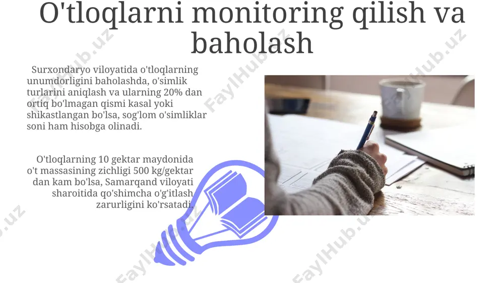 arning bioxilma-xilligi va unumdorlik tog'li hududlardagi (masalan, 3000 metr balandlikda) o'tloqlarning unumdorligi past bo'lsa-da, 1 gektar maydondan 200 kg gacha o't hosil bo'lishi mumkin. o'tloqlarning bioxilma-xilligi, o'simlik turlari soni (masalan, 50 dan ortiq) va unumdorligi o'rtasida ijobiy bog'liqlik mavjud bo'lib, qashqadaryo viloyati o'tloqlarida bu ko'rsatkich yuqori. o'tloqlarning hosildorligi andijon viloyatining tog'li hududlaridagi o'tloqlarning hosildorligi, balandlikka va tuproq turiga bog'liq holda, 15-25 sentner/gektar oralig'ida o'zgarib turadi. o'tloqlarning hosildorligi, masalan, farg'ona vodiysidagi o'tloqlar yiliga 20-30 sentner yashil ommani beradi, bu esa chorva mollari uchun yetarli ozuqa bazasini ta'minlaydi. o'tloqlarni boshqarish va unumdorlik 01 02 toshkent viloyatining cho'l zonasidagi o'tloqlarda suv resurslarini samarali boshqarish orqali 30% ga yaqin hosildorlik o'sishini ta'minlash mumkin, bu esa 50 mm dan ortiq yomg'ir yog'ishi bilan bog'liq. sales 1st qtr 2nd qtr 100 0 sales 1st qtr 2nd qtr 100 0 e'tiboringiz uchun rahmat @taqdimot_robot image4.jpg image5.jpg image6.jpg image7.jpg image8.jpg image9.jpg image10.jpg image11.jpg image12.jpg image13.jpg image14.jpg image15.jpg image1.jpeg …