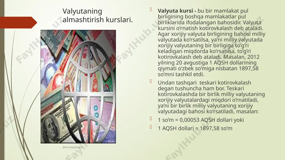 suzib yuruvchi, cheklangan darajada suzib yuruvchi va qayd etilgan valyuta kurslariga ajratiladi. valyuta qiymatini aniqlashning asosi bo’lib valyuta pariteti hisoblanadi. uning ma’nosi shuki, ikki valyuta o’rtasidagi nisbat qonunan mustahkamlanib qo’yiladi. oltin standarti yuritilgan davrda valyuta pariteti tushunchasi oltin pariteti ma’nosida tushunilgan, chunki ikki valyuta o’rtasidagi nisbat ulardagi oltin miqdori bilan aniqlangan. @mustaqilishlar oltin-dollar standarti yuritilgan davrlarda barcha valyutalarning kurslari oltinga hamda dollarga nisbatan qayd etilgan. 70-yillarning boshlarida suzib yuruvchi valyuta kursiga o’tilishi munosabati bilan xvf doirasida shunday valyuta pariteti qabul qilindiki, unda sdr xalqaro pul birligi oltin va dollar rolini o’ynaydi. modomiki, valyuta kursi mamlakatlararo tovarlar, xizmatlar, kapital va ishchi kuchi harakatini tartibga soluvchi vosita ekan, uning o’zgarib turishi eksport va import hajmiga, butun makroiqtisodiy vaziyatga ta’sir qiladi. mamlakatlarning o’z tashqi iqtisodiy siyosatlarini amalga oshirishda valyuta kurslari tebranishidan unumli foydalanish hamda xalqaro hisob-kitoblar barqarorligini ta’minlashga intilishlari suzib yuruvchi valyuta kurslarini tartibga solish zarurligini taqozo etadi. davlat valyuta bozorlariga «bosqinchilik» qilish …