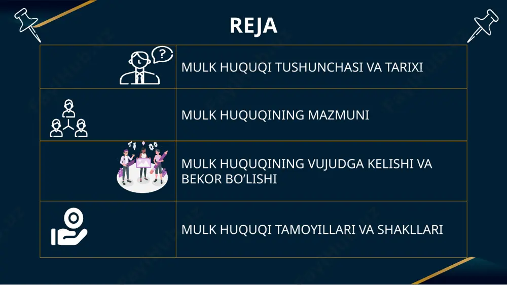 ulk huquqi subyektiv ma’nodagi mulk huquqi ayrim shaxslar, ya’ni huquq subyektlarining (davlat, yuridik shaxslar va fuqarolarning) obyektiv huquq normalari asosida kelib chiqadigan mulkni egallash, undan foydalanish va uni tasarruf qilish huquqi. mulkni o’z xohishiga ko’ra va o’z manfaatini ko’zlab egallash, undan foydalanish va uni tasarruf etish, shuningdek, mulk huquqini har qanday buzilishlardan bartaraf etishni talab qilish huquqi tushunchalari mulk huquqining mazmunini tashkil etadi. subyektiv mulk huquqining mazmunini tashkil etadigan elementlar mulk egasiga qonun bilan belgilangan doiralarda beriladi. mulk huquqi muddatsizdir. mulkka bo’lgan mol-mulkning miqdori va qiymati cheklanmaydi. information here tasarruf etish huquqi mulkdor o’zmulkining taqdirini mazkur mol-mulkka nisbatan yuridik hujjatlarni tuzish yo’li bilan belgilash. egalik qilish mulkdorning o’z mulkiga jismonan, moddiy va huquqiy jihatdan egalik qilishi foydalanish huquqi jismoniy va yuridik shaxslarning o’z mulkining foydali jihatlaridan turli ehtiyojlarini qondirish bilan bog’liq faoliyatini belgilovchi huquqlar mulkka nisbatan egalik qilish, foydalanish va tasarruf etish huquqlari mavjud 7 mulkdorning o’z huquqlarini amalga oshirishi …