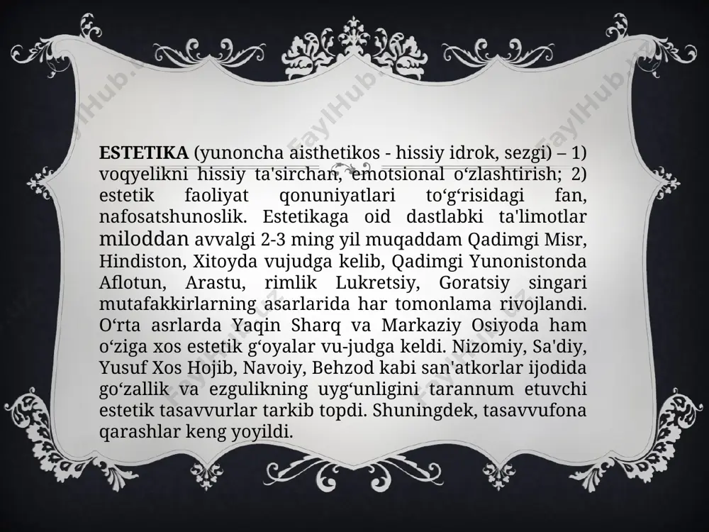 padi. estetik did zaminida go‘zallikni xunuklikdan ajrata bilish va undan beg‘araz shodlanish hamda lazzatlanish qobiliyati yotadi. estetik did odamlarning dunyoqarashidan, ayniqsa, estetik qarashlaridan ajralmagan holda amal qiladi. estetik bilimlar va qarashlar didda ifodalanishi uchun ular shaxsning ichki dunyosiga, idrok qilish jarayonining o‘ziga singib ketishi, shaxsning mustahkam e'tiqodiga aylanishi lozim. estetik did o‘zida bevosita va bilvosita, hissiy va aqliy, yakka odam va jamiyat estetik didi qarama-qarshiliklari birligini mujassamlashtiradi. estetik didning ziddiyatli tabiati haqida dastlab kant munosabat bildirgan edi. kant nazarida did yakka odamga xos bo‘lgan insonning tug’ma qobiliyatidir. did shu qadar yakka tartibda ifoda topadiki, uni hech qanday dalillar bilan inkor etib bo‘lmaydi. did mulohazasi nihoyatda shaxsiy tabiatga molikdir. shu boisdan ham "did to‘g’risida bahslashmaydilar". lazzatlanish ob'yekti bo’lgan hissiylik, nafosat barcha uchun barobar darajada ahamiyatlidir, u faqat mazkur shaxsning o‘zigagina emas, balki hammaga yoqadi. inson o‘ziga yoqqan narsalarni boshqalarga ham yoqadi deb o‘ylaydi. demak, didlar uchun umumiy hisoblanadigan tomonlari ham bor. …