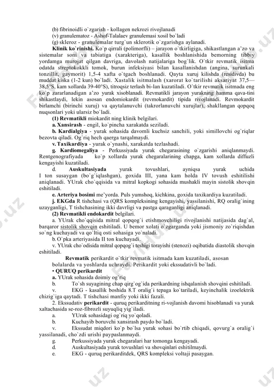 yuq. o`tkir revmatik isitma qaytalanishida bisillin profilaktikasi natijasiz. bu holatda o`tkir revmatik isitma allergik (streptokokk infeksiyasiga bog`liq bo`lmagan), infeksion-toksik yoki virusli tabiatda bo`ladi. patogenezi. allergiya nazariyasi - immun buzilishi. sensibilizasiyalovchi agentlar (streptokokk va uning toksinlari, viruslar) organizmning xususiy oqsillari parchalanishini chaqiradi va ular o`z navbatda antigenga (autoantigenga) aylanadi. organizmni antigenga nisbatan sensibilizasiyasini oshishi allergik xolatni rivojlantiradi. antigenni organizmga tarqalishi autoantitana autoagressorlar hosil bo`lishini kuchaytiradi va ular o`zaro reaksmyaga kirishib immun birikmani (kompleksni) shakllantiradi. immun birikma qon bilan aylanib, biriktiruvchi to`si-maga (endokard, miokard, bo`g`inlarga) cho`kadi, joylashadi va ularda giperergik yallig`lanish xolatini vujudga keltiradi. bu xolat o`tkir revmatik isitma deb nomlanadi. (1) toksik-allergik nazariyasi - streptokokk ko`p mikdorda kardiotoksik xususiyatli modda ishlab chiqaradi. (2) virus konsepsiyasi - virusli va streptokokkli karditlarning ko`pchilik klinik va morfologik ko`rinishlarining bir-biriga o`xshashligiga asoslangan. (3) gormonlar o`zgarishi - miya ortig`i (gipofiz) va buyrak usti bezi faoliyatining buzilishi axamiyatli - xastalik zo`riqqan davrda qonda gormonlar miqdori kamayadi, bunda …