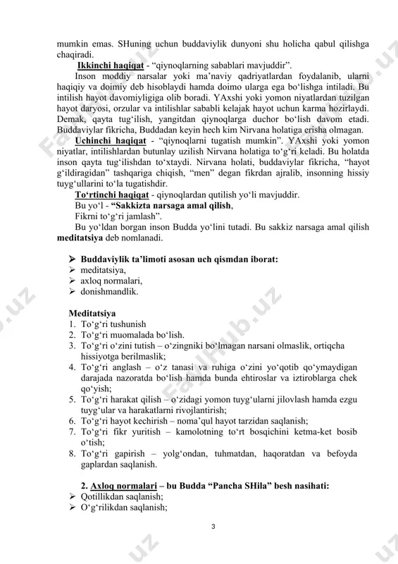 va yana qayta yaratardi. mana endi budda kimga qarshi kurashish kerakligini angladi. shu ondan u budda – “nurlangan” deb ataldi. u tagida o‘tirgan daraxt esa – “nurlangan daraxt” - botxa deb atala boshladi. budda o‘zining birinchi da’vatini varanasi yaqinidagi rishipatana bog‘ida, o‘zining besh rohib do‘stlariga qildi va ular uning birinchi shogirdlari bo‘ldilar. shu kundan boshlab budda o‘z shogirdlari bilan qishloqma-qishloq yurib o‘z ta’limotni tarqatib, o‘ziga yangi izdoshlar orttiradi. budda 40 yil davomida o‘z ta’limotini hindistonning turli joylariga etkazadi va 80 yoshida kushtnagara degan joyda dunyodan o‘tdi. uning jasadi, hind udumiga ko‘ra, u erda kuydirilib, uning xoki 8 ta budda jamoalariga bo‘lib yuborildi va har bir jamoa uni dafn etgan joyida ibodatxona barpo etishgan. budda ta’limotining asosi “hayot – bu azob-uqubat” va “najot yo‘li mavjud” degan g‘oyadir. buddaviylik qonuniyatlariga ko‘ra, inson o‘ziga moslashgan mavjudot bo‘lib, o‘zida tug‘iladi, o‘zini-o‘zi halok qiladi yoki qutqaradi. bu narsa buddaning ilk da’vatida mujassamlashgan 4 haqiqatda o‘z …