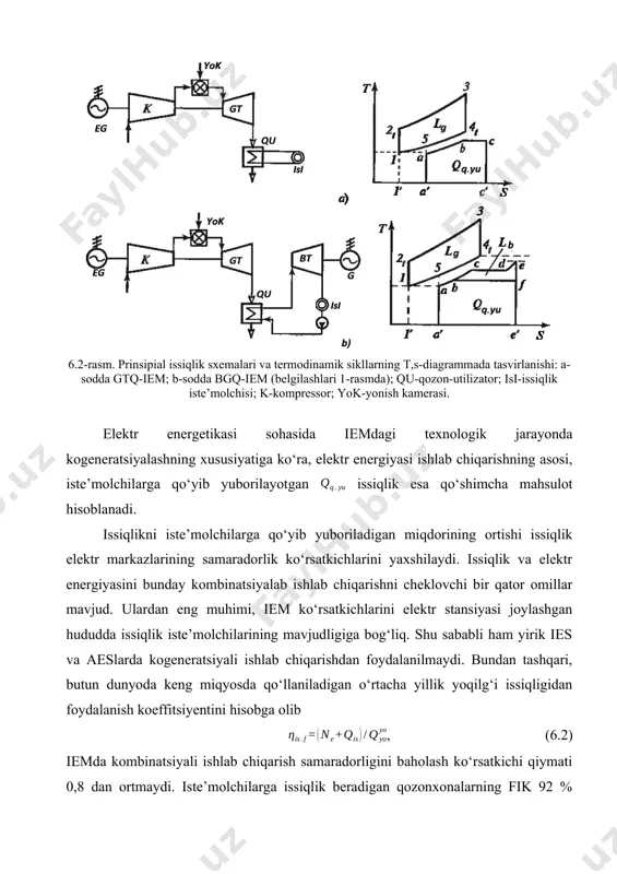 da keng miqyosda qo‘llaniladigan o‘rtacha yillik yoqilg‘i issiqligidan foydalanish koeffitsiyentini hisobga olib , (6.2) iemda kombinatsiyali ishlab chiqarish samaradorligini baholash ko‘rsatkichi qiymati 0,8 dan ortmaydi. iste’molchilarga issiqlik beradigan qozonxonalarning fik 92 % gacha yetadi va shuning uchun ham iemda ishlab chiqarilgan issiqlikning raqobatbardoshligi past hisoblanadi. shunga bog‘liq ravishda, kogeneratsiyalashning bir qator holatlarida, issiqlikni generatsiyalash qurilmasi (masalan markaziy qozonxonalar) ustiga energetik issiqlik yuritgichlari (gaz turbinali qurilma, ichki yonuv dvigateli) quriladi va bu yuritgichlarning chiqish gazlari qozon o‘txonasiga tashlanadi. qozon o‘txonasida yoqiladigan yoqilg‘ining bir qismini chiqish gazlarining issiqligi hisobidan qoplash bunday qurilmalarning iqtisodiy samarasini aniqlashga yordam beradi. yoqilg‘ining iqtisod qilinishi ishlab chiqariladigan elektr energiyasi tannarxining ham arzonlashishiga olib keladi (6.3-rasm). 6.3-rasm. issiqlik ishlab chiqarish bazasida elektr energiyasi ishlab chiqaruvchi issiqlik generatsiyalash qurilmasi: k-kompressor; gt-gaz turbinasi; eg-elektr generatori; qis-issiqlik iste’molchisi; -qozonxonada yo‘qotilgan yoqilg‘i issiqligi; -qozonxonada yoqiladigan yoqilg‘i issiqligi. quli bug‘-gaz issiqlik elektr markazlarining issiqlik sxemalari tasnifi zamonaviy iemlarda qo‘llaniladigan quli bug‘-gaz issiqlik elektr …