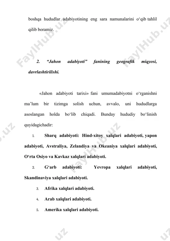 laridan to shu kungacha bo’lgan jahon xalqlari adabiyotining eng yaxshi namunalarini o’zida jamlagan. ushbu katta davrlar ham o’z navbatida yana yangi bosqichlardan iborat bo’lib, unda ikki xil manzarani ko’ramiz: umumjahon adabiyotiga xos taraqqiyot bosqichlari, alohida olingan millat adabiyotining taraqqiyot bosqichlari. antik davr adabiyotining hududi eramizdan avvalgi ming yilliklardan boshlanib to era boshiga qadar davom etgan. antik davr adabiyotining yuksak taraqqiyoti qadim yunon adabiyoti va san’ati bilan bog’liq. chunki davlatning qaror topishi, turli urushlar tufayli uning kengayib va boyib borishi yunon ijtimoiy ongiga kuchli ta’sir qildi. natijada adabiyot, haykaltaroshlik, rassomlik, musiqa, teatr kabi san’at turlari boshqa joydagiga nisbatan bu yerda kuchli taraqqiy topdi. yangi davr adabiyoti eramizning birinchi yuz yilliklaridan boshlanib, to xv asrga qadar davom etgan. bu davrda endi sharq adabiyotida katta bir ko’tarilish – uyg‘onish davrini ko’ramiz. eng noyob asarlar «avesto», «qutadg’u bilig», «devonu lug‘otit turk», «hibbat-ul haqoyiq», navoiy ijodi ana shu davr mevasidir. bu asarlar o‘z navbatida jahon …