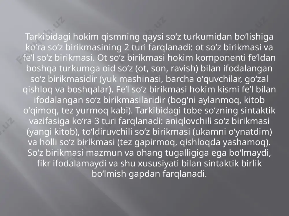 kitobni so‘zshaklida hokim so‘zga birikishini ta’minlaydigan m, sh, j omillari bo‘lganligi kabi o‘qimoq so‘zshaklining ham tobe a’zoga bog‘lanishini ta’minlaydigan m, sh, j omillari mavjud. xatni yozmoq birikmasida tobe so‘z (xatni)ning hokim so‘z (yozmoq) bilan birikishini uning shakli -ni, ma’nosi va qisman joylashuvi (oldin kelishi) ko‘rsatsa, hokim so‘zning tobe so‘z bilan bog‘lanishini ma’nosi, shakli va qisman joylashishi (keyin kelishi) ko‘rsatadi. so‘zda bu uch omil yaxlit bo‘lib, ma’lum birikish jarayonida birortasi ustunlik qilsa, boshqalari kuchsizlanadi. кeltirilgan xatni yozmoq birikmasidagi tobe so‘z (xatni)da shakliy omil -ni tobelikni ko‘rsatuvchi yetakchi omil bo‘lsa, hokim so‘z (yozmoq)da ma’noviy omil ustunlik qilgan. ma’noviy omil deganda so‘zlarning bog‘lanishi uchun muhim sanalgan lug‘aviy ma’nosi, qaysi turkumga xosligi tushuniladi. lug‘aviy ma’no ayon bo‘lib, so‘zning grammatik ma’noviy xususiyatiga biroz sharh berish lozim. so‘zlarning muayyan turkumga xosligi keng ko‘lamli tushuncha, mustaqil so‘z turkumlari doirasida narsa-predmet (ot), belgi (sifat), miqdor (son), harakat (fe’l), holat (ravish), tasviriylik (taqlidlar), ishoraviylik (olmoshlar) kabi turkumlik ma’nolarini qamrab …