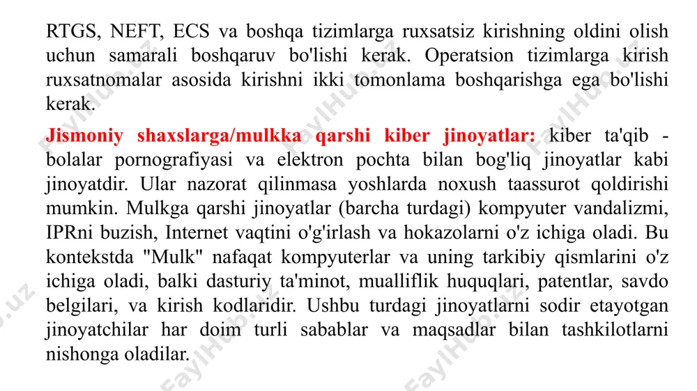 sertifikatlarni chop etish. bunday firibgarliklarni amalga oshirish uchun zamonaviy printerlar va skanerlar nusxa ko'chirish moslamalari qo'llaniladi. axborot o'g'irlanishi: maxfiy ma'lumotlar turli sabablarga ko'ra yoki it tizimiga tajovuzkorlar yoki insayderlar tomonidan o'g'irlanganda ma'lumot o'g'irlanishi yuzaga keladi. bu (i) butun tashkilotning obro'sining yo'qolishi; (ii) mijozning maxfiy ma'lumotlarining zararlanishi; (iii) me'yoriy hujjatlarning buzilishi kabi holatlarga olib kelishi mumkin. /docprops/thumbnail.jpeg