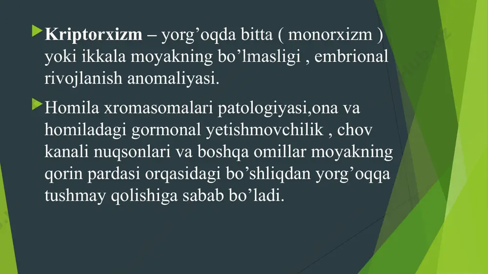 servativ davo - xirurgik davo. konservativ davo. gipotalamus va gipofiz gormonlari. gonadotropin va uning antogonistlari ( xronik gonadotropin ). vitaminoterapiya – vitamin e kopleks. xirurgik davo. operativ davo – moyaklar fiksatsiyasi. xirurgik davo.