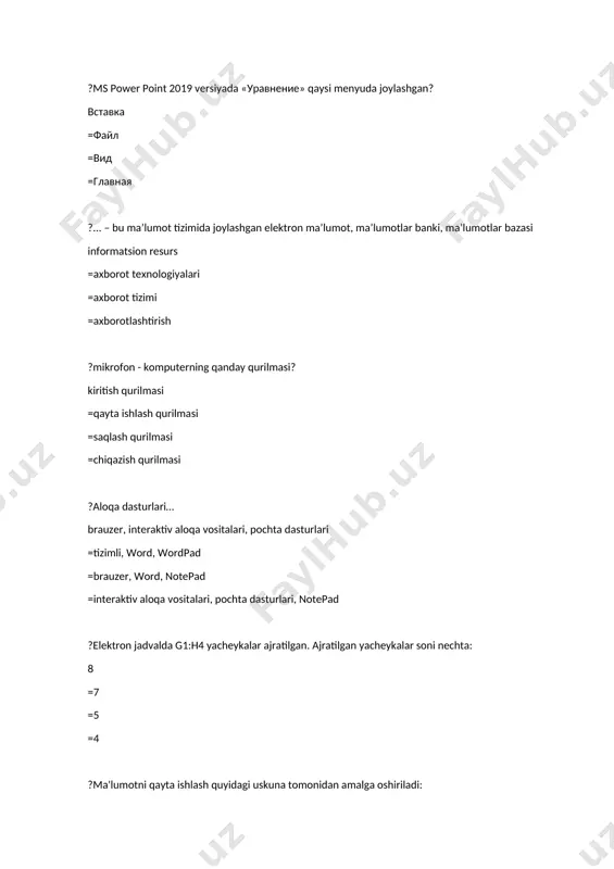 tish qurilmasi =skaner, sichqoncha, monitor, chop etish qurilmasi =sichqoncha, tezkor xotira, flesh ?excel 2019 dasturi fayllarining kengaytmasi? *.xlsx = *.docx = *.ebü =*.xlssx ?yacheyka bu ... . ? jadvaldagi manzili ko’rsatiladigan qator va ustun kesishgan joy =jadvaldagi birinchi va ikinchi qatorlar oralig’ida joylashgan elemenlardir =jadvaldagi ustunlar oralig’ida joylashgan elemenlardir =jadvaldagi qator kesishmasi oralig’ida joylashgan elementdir ?l7 deb nomlangan yacheyka manzilini izoh qiling ? l- ustun va 7-qator kesishmasida joylashgan yacheyka =7 ustun va l -qator kesishmasida joylashgan yacheyka =l ustun va 6-qator kesishmasida joylashgan yacheyka =l qator va 7-ustun kesishmasida joylashgan yacheyka ?excel 2019 da qaysi bo'limda shrift tanlanadi? ”главная"--"шрифт" =“данные"-"число" =“главеая"-"стиль" =“файл"-"шрифт" ?microsoft excel dasturida xujjatni saqlash qaysi menyu amallari orqali bajariladi? файл menyusidan сохранить buyrug’i tanlanadi. =файл menyusidan создать buyrug’i tanlanadi =файл menyusidan печать buyrug’i tanlanadi =вид menyusidan создать buyrug’i tanlanadi ?excel dasturi xujjatni saqlash usuli? ctrl s =ctrl x =ctrl p =altf5 ?yacheykaga qanday qiymatlarni yozish mumkin? …