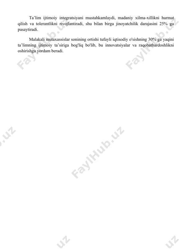 , shu bilan birga jinoyatchilik darajasini 25% ga pasaytiradi. malakali mutaxassislar sonining ortishi tufayli iqtisodiy o'sishning 30% ga yaqini ta’limning ijtimoiy ta’siriga bog'liq bo'lib, bu innovatsiyalar va raqobatbardoshlikni oshirishga yordam beradi. 📌xulosa шарқ таълим модели шахснинг ҳар томонлама ривожланишига, маънавий-ахлоқий қадриятларга эга бўлишига ва жамиятга фойдали аъзо бўлиб етишишига хизмат қилади. унинг самарадорлиги миллий ва маданий ўзига хосликни сақлаган ҳолда замонавий талабларга мослашувидадир. 📚foydalanilgan adabiyotlar 1. хон, н. (2010). шарқ таълим моделининг хусусиятлари. педагогика фанлари бўйича илмий мақолалар тўплами. тошкент. 2. имомхонов, а. (2015). шарқ таълим анъаналари ва замонавий таълим. "халқ таълими" журнали, № 5. 3. раҳимов, б. (2018). шарқ таълим моделининг тараққиёт йўллари