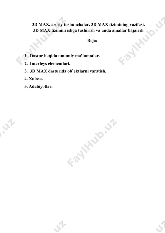 · televizion tijoratda (reklamada); · interaktiv o`yinlarda; · sano`t va arxitektura dizaynida (bezashda); · ilmiy, tibbiy va sud namoyishlarida; · o`rgatuvchi dasturlar va kompyuterda ishlatish mumkin. shuni ta`kidlash lozimki uch o`lchovli grafika dasturlari kompyuter qurilmalari, uning dasturiy ta`minoti hamda u bilan ishlovchi dizayner bilimlariga juda yuqori talablar qo`yadi. uch o`lchovli grafika bilan ishlaganda, shakllar hosil qilinadigan fazoga alohida e`tibor berish kerak. bu holda an`anaviy 2d — tekislik uch o`lchovli grafika maqsadlariga to`g`ri keltiriladi. 3d — grafikada ishchi fazoni shunday ifodalash kerakki, unda nafaqat modellashtirilayotgan uch o`lchovli geometrik shaklni, balki uning geometrik joylashishi va holati hisobga olinishi kerak. uch o`lchovli grafikada dekart, silindrik va sferik koordirata sistemalari ishlatiladi. qurilgan barcha uch o`lchovli ob`ektlarni geometrik va nogeometrik ob`ektlarga bo`lish mumkin. geometrik ob`ektga asosan sahna tashkil etuvchilarini qurishda ishlatiladi: personajlar, jismlar, boshqa so`z bilan aytganda — mavjud borliq ob`ektlarini. nogecmetrik ob` ektlar esa sahnaga jonlilik hissini berish uchun (to`g`ri yoritish), ob` ektlarga ta` …
