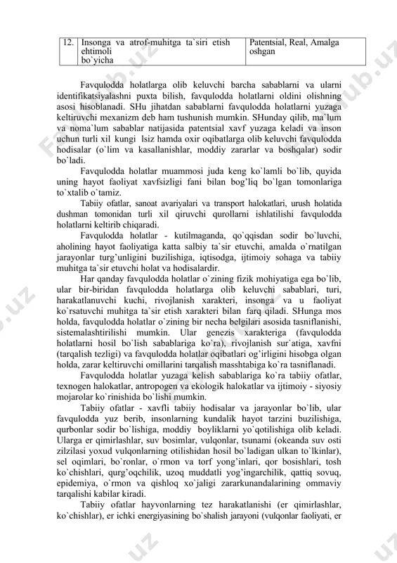 li ta`sir etadigan ob`ektlari bo`yicha insonga ta`sir etuvchi, tabiiy muhitga ta`sir etuvchi, moddiy boyliklarga ta`sir etuvchi, kompleks ta`sir etuvchi 7. xavfli bo`yicha ta`sirga uchragan odamlarning soni shaxsiy, guruhli (jamoaviy), ko`psonli 8. ta`sir etish zonasining o`lchami bo`yicha lokal, hududiy, hududlararo, global 9. ta`sir etgan zonalar ko`rinishi bo`yicha xonada ta`sir etuvchi, hududlarda ta`sir etuvchi 10. insonlarning sezgi organlarini xavlarni farqlay olish qobiliyati bo`yicha seziladigan, sezilmaydigan 11. insonga zararli ta`sirini ko`rinishi bo`yicha zararli, jarohatlashga xavfli 12. insonga va atrof-muhitga ta`siri etish ehtimoli bo`yicha patentsial, real, amalga oshgan favqulodda holatlarga olib keluvchi barcha sabablarni va ularni identifikatsiyalashni puxta bilish, favqulodda holatlarni oldini olishning asosi hisoblanadi. shu jihatdan sabablarni favqulodda holatlarni yuzaga keltiruvchi mexanizm deb ham tushunish mumkin. shunday qilib, ma`lum va noma`lum sabablar natijasida patentsial xavf yuzaga keladi va inson uchun turli xil kungi lsiz hamda oxir oqibatlarga olib keluvchi favqulodda hodisalar (o`lim va kasallanishlar, moddiy zararlar va boshqalar) sodir bo`ladi. favqulodda holatlar muammosi …